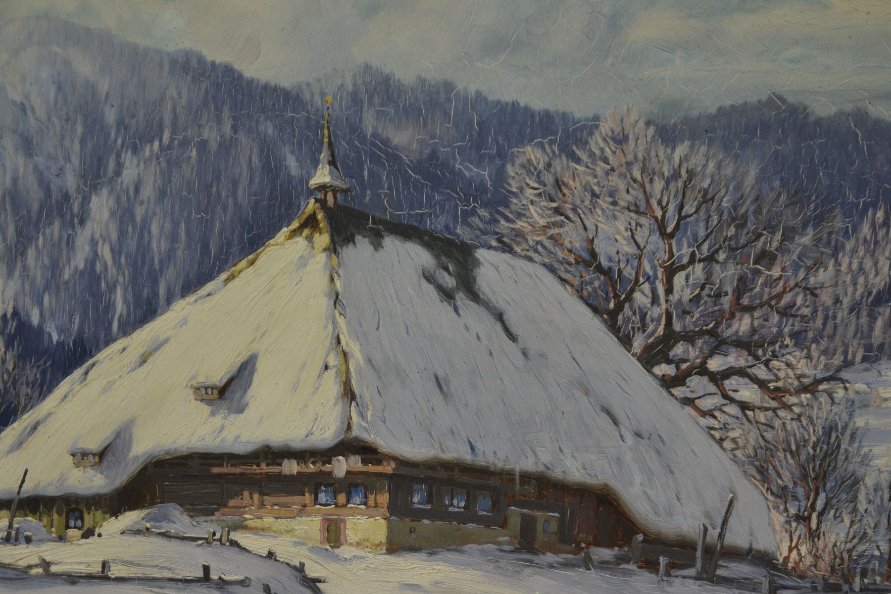 Detail d: Karl Hauptmann, 1880 Freiburg im Breisgau-1947 Todtnau, verschneiter Bauernhof im Schwarzwald, rückseitig bez.: Lahr 9.Jan.1935,Öl/Holz, links ...