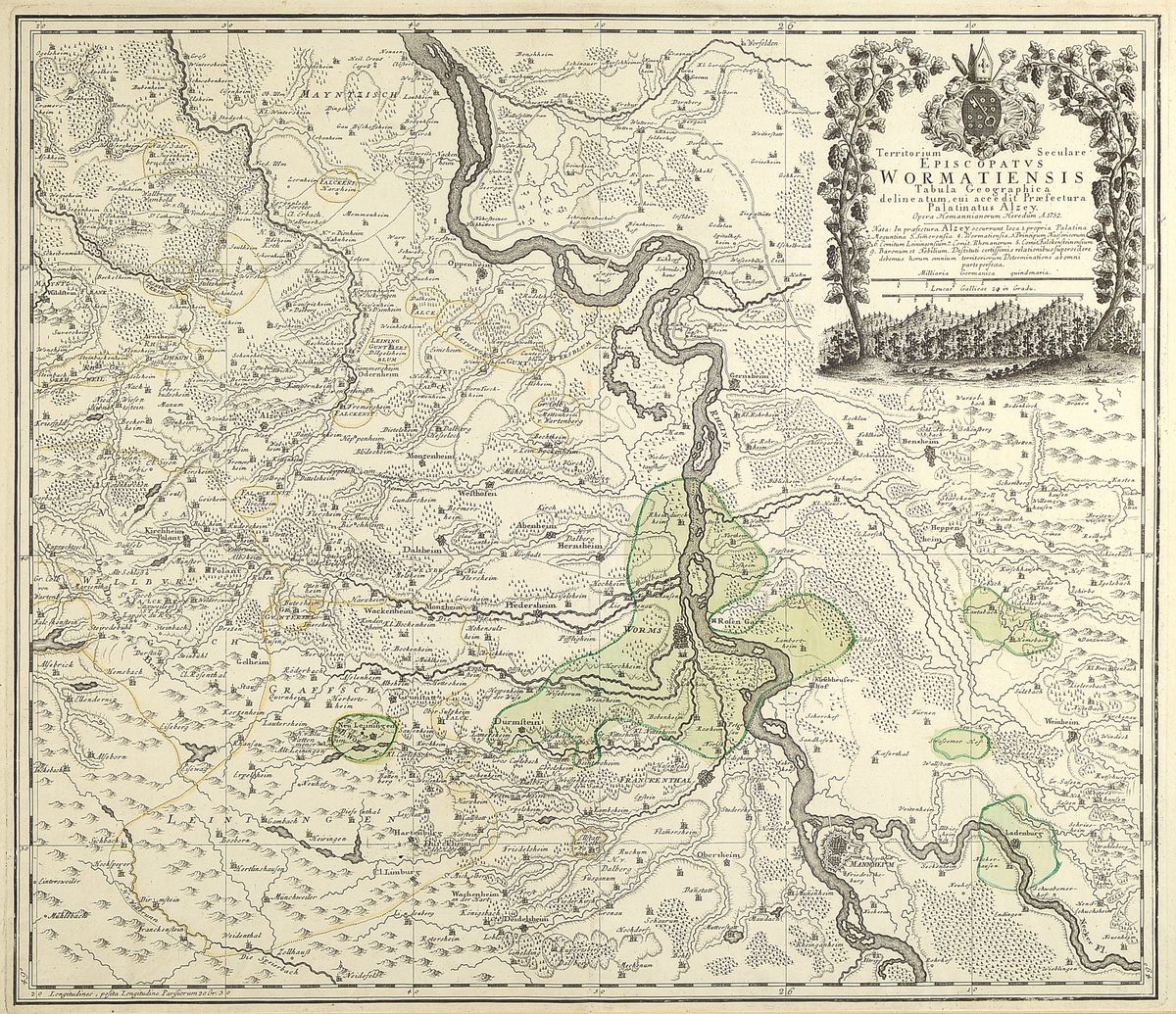 Historische Landkarte von Worms, 1752, Territorium Wormatiensis, altkolorierter Kupferstich, N-Hechtsheim, G-Dossenheim, S-Mutterstadt, W-Gerbach, ...