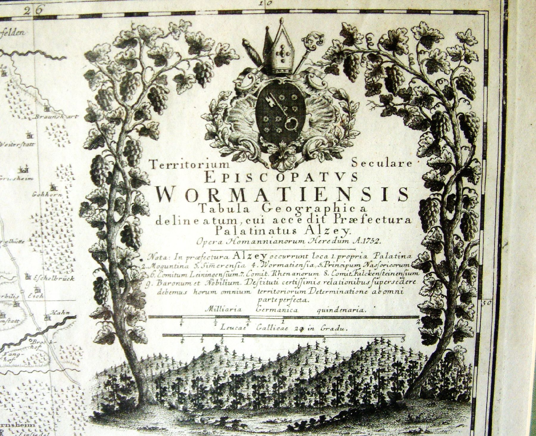 Detail a: Historische Landkarte von Worms, 1752, Territorium Wormatiensis, altkolorierter Kupferstich, N-Hechtsheim, G-Dossenheim, S-Mutterstadt, W-Gerbach, ...