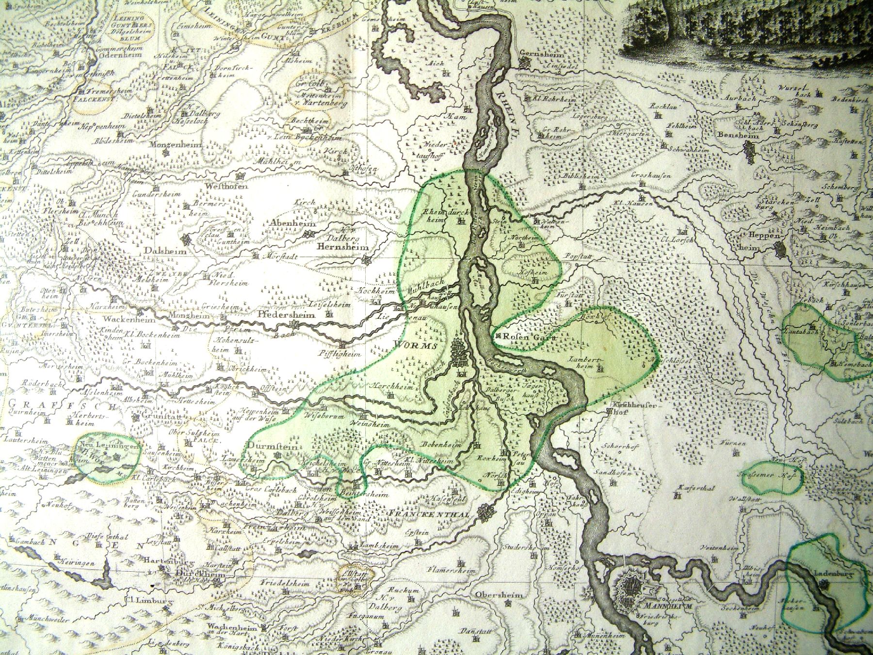 Detail b: Historische Landkarte von Worms, 1752, Territorium Wormatiensis, altkolorierter Kupferstich, N-Hechtsheim, G-Dossenheim, S-Mutterstadt, W-Gerbach, ...