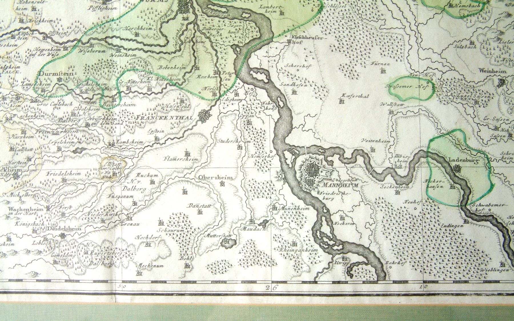 Detail c: Historische Landkarte von Worms, 1752, Territorium Wormatiensis, altkolorierter Kupferstich, N-Hechtsheim, G-Dossenheim, S-Mutterstadt, W-Gerbach, ...