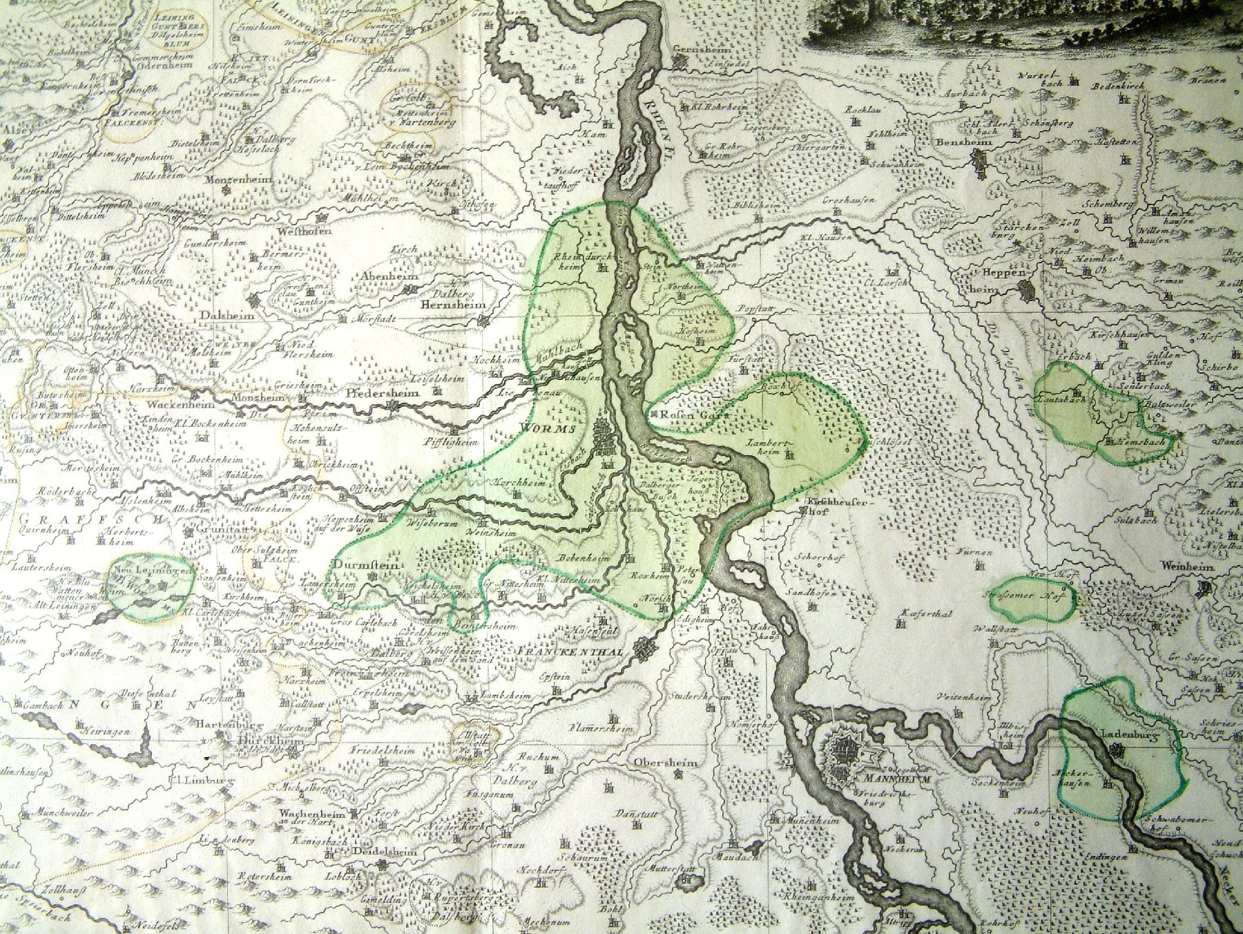 Detail d: Historische Landkarte von Worms, 1752, Territorium Wormatiensis, altkolorierter Kupferstich, N-Hechtsheim, G-Dossenheim, S-Mutterstadt, W-Gerbach, ...