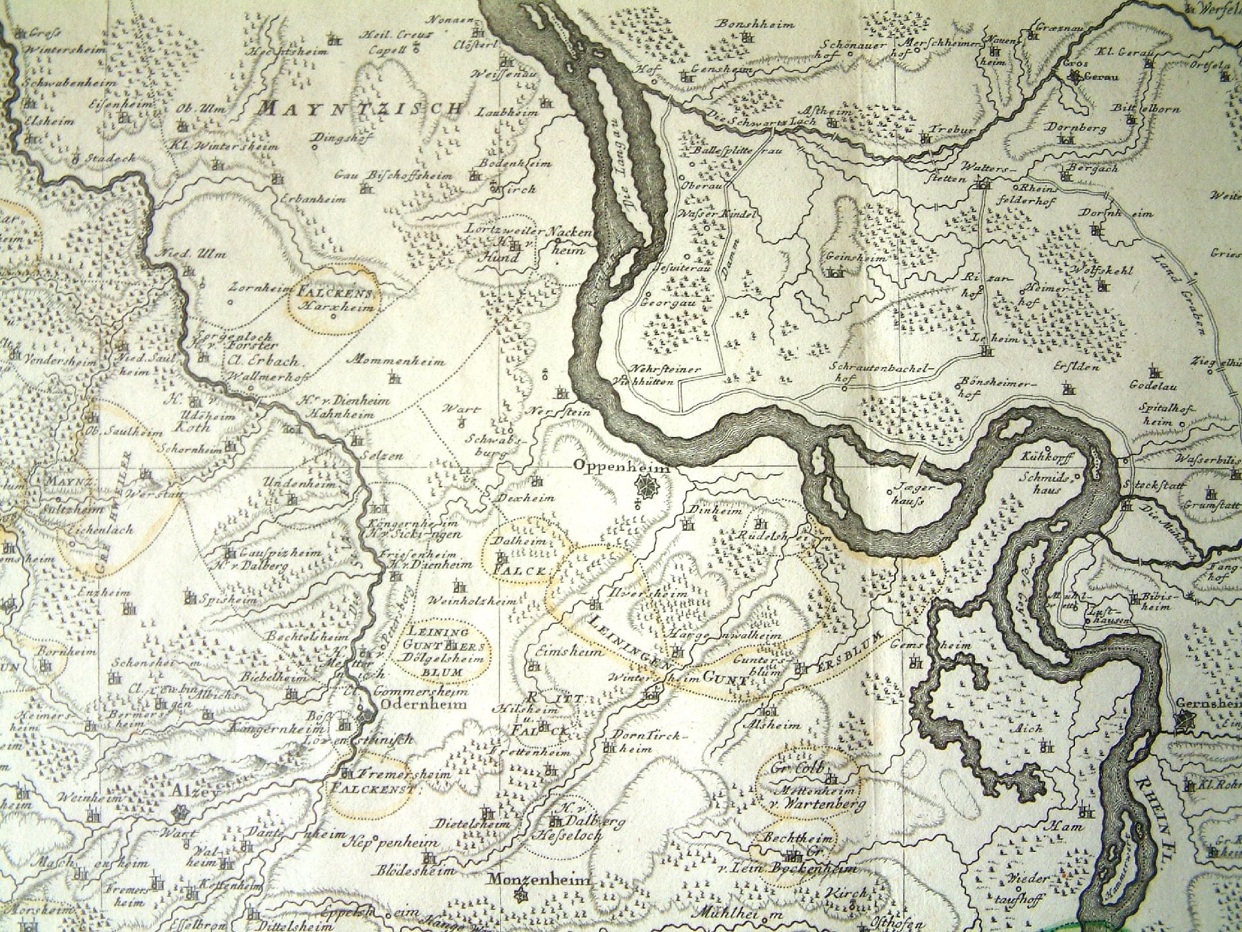 Detail e: Historische Landkarte von Worms, 1752, Territorium Wormatiensis, altkolorierter Kupferstich, N-Hechtsheim, G-Dossenheim, S-Mutterstadt, W-Gerbach, ...