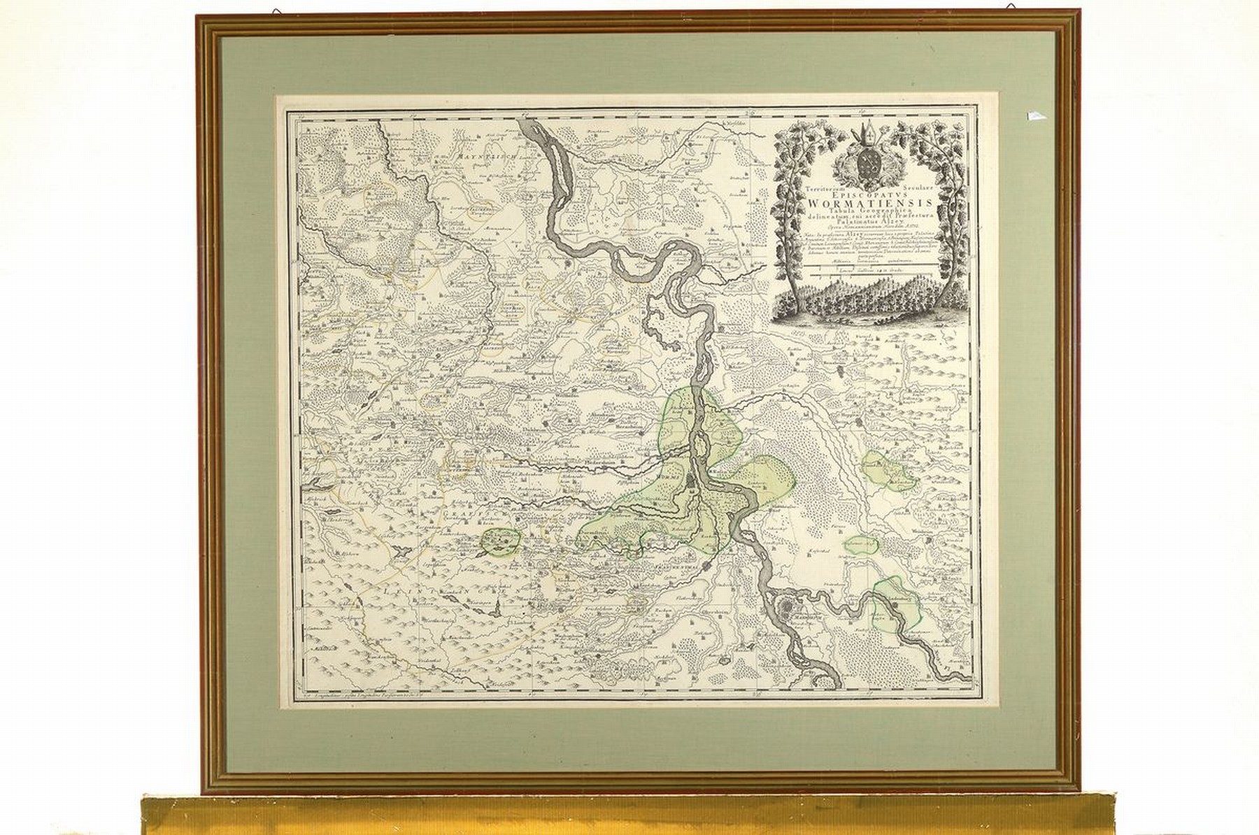 Detail k: Historische Landkarte von Worms, 1752, Territorium Wormatiensis, altkolorierter Kupferstich, N-Hechtsheim, G-Dossenheim, S-Mutterstadt, W-Gerbach, ...