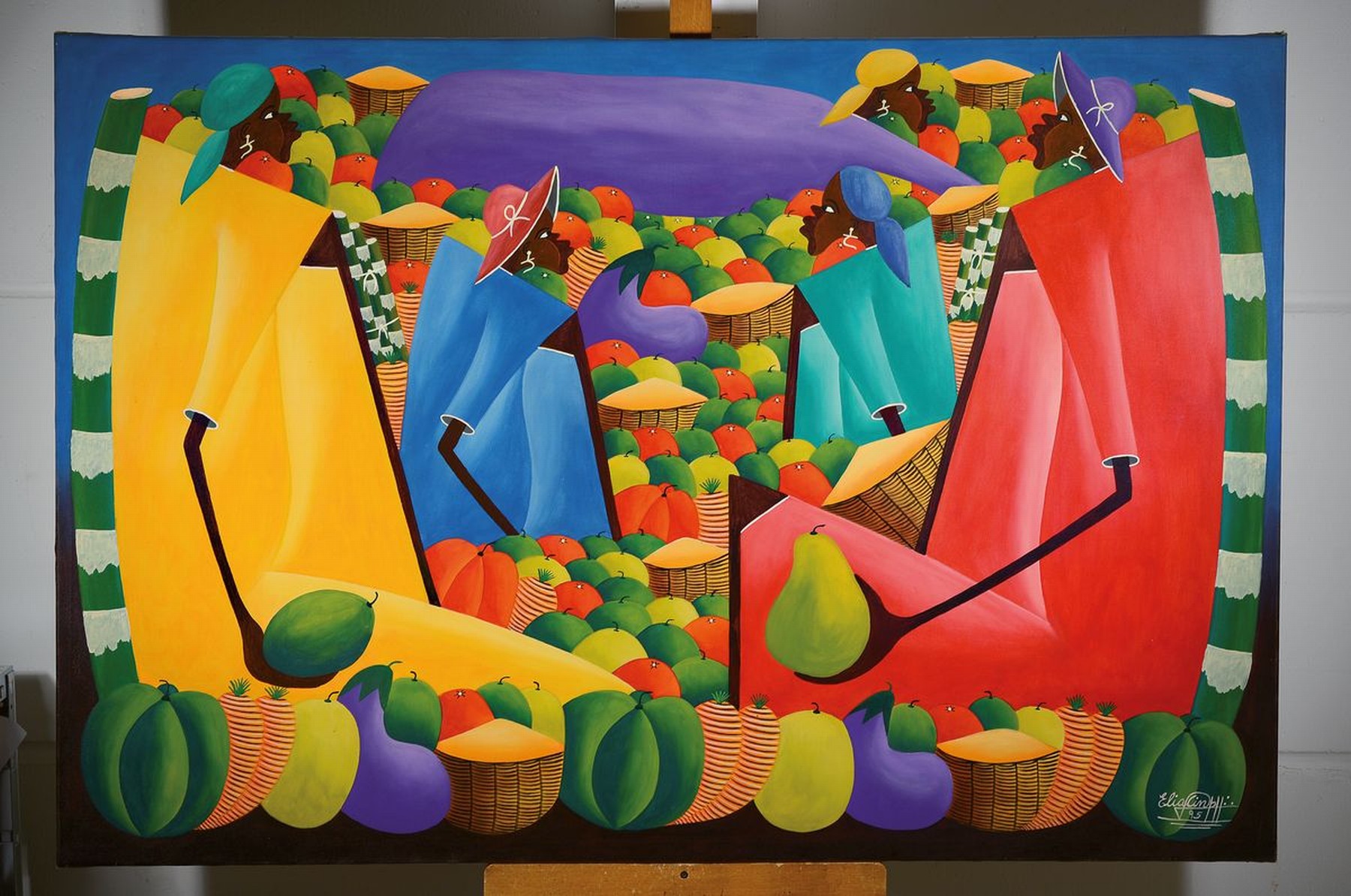 Detail k: Jean Philippe Eliacin, zeitgenössischer Künstler aus Haiti, buntes Markttreiben, großformatiges Gemälde in Acryl auf Lwd, rechts unten signiert, ...