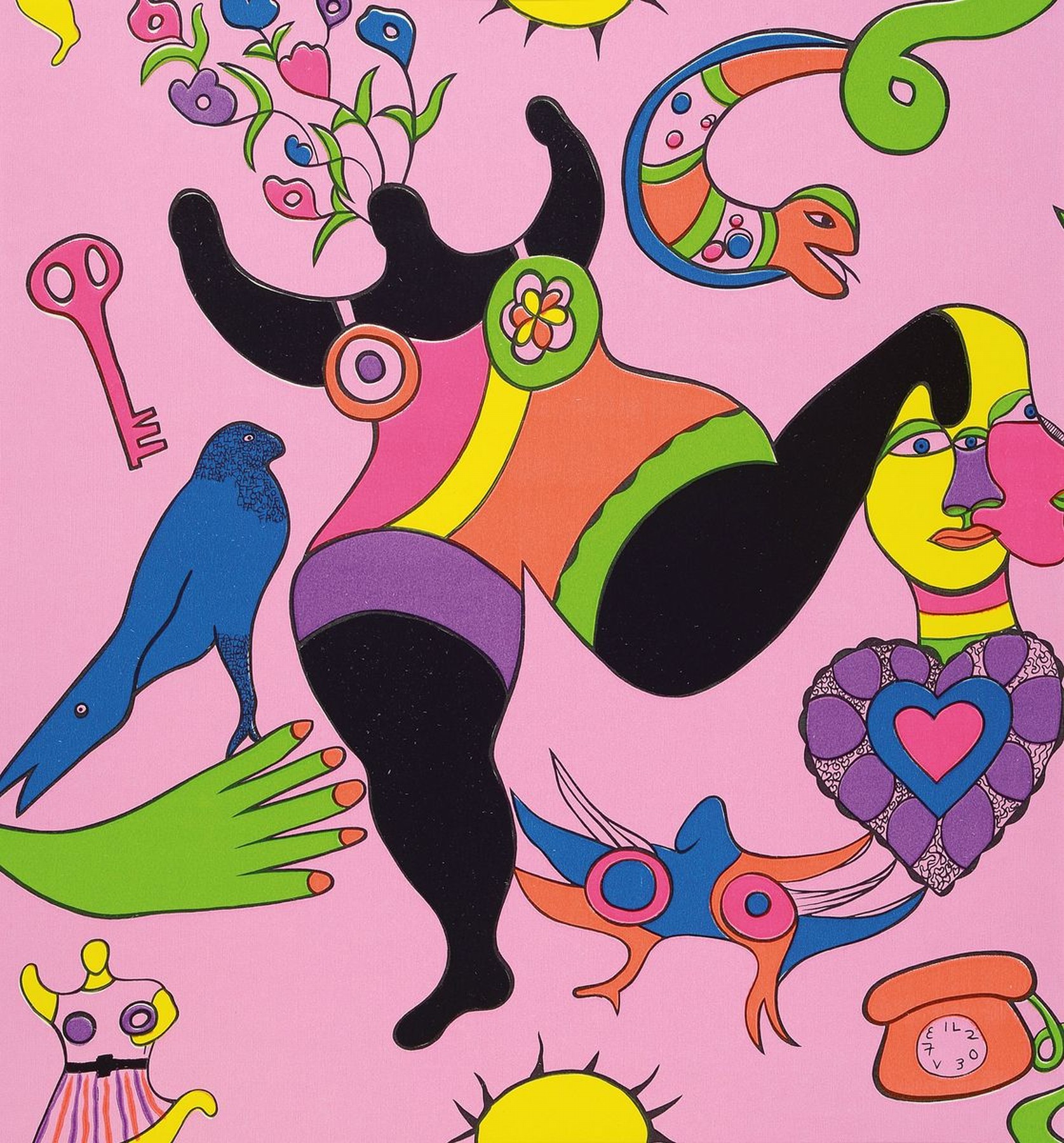 Niki, De Saint- Phalle, 1930-2002, "Nana", Farbsiebdruck auf Tapetenstück , PP, Blatt ca.57,5x53 cm, gesamt ca. 80x60 cm