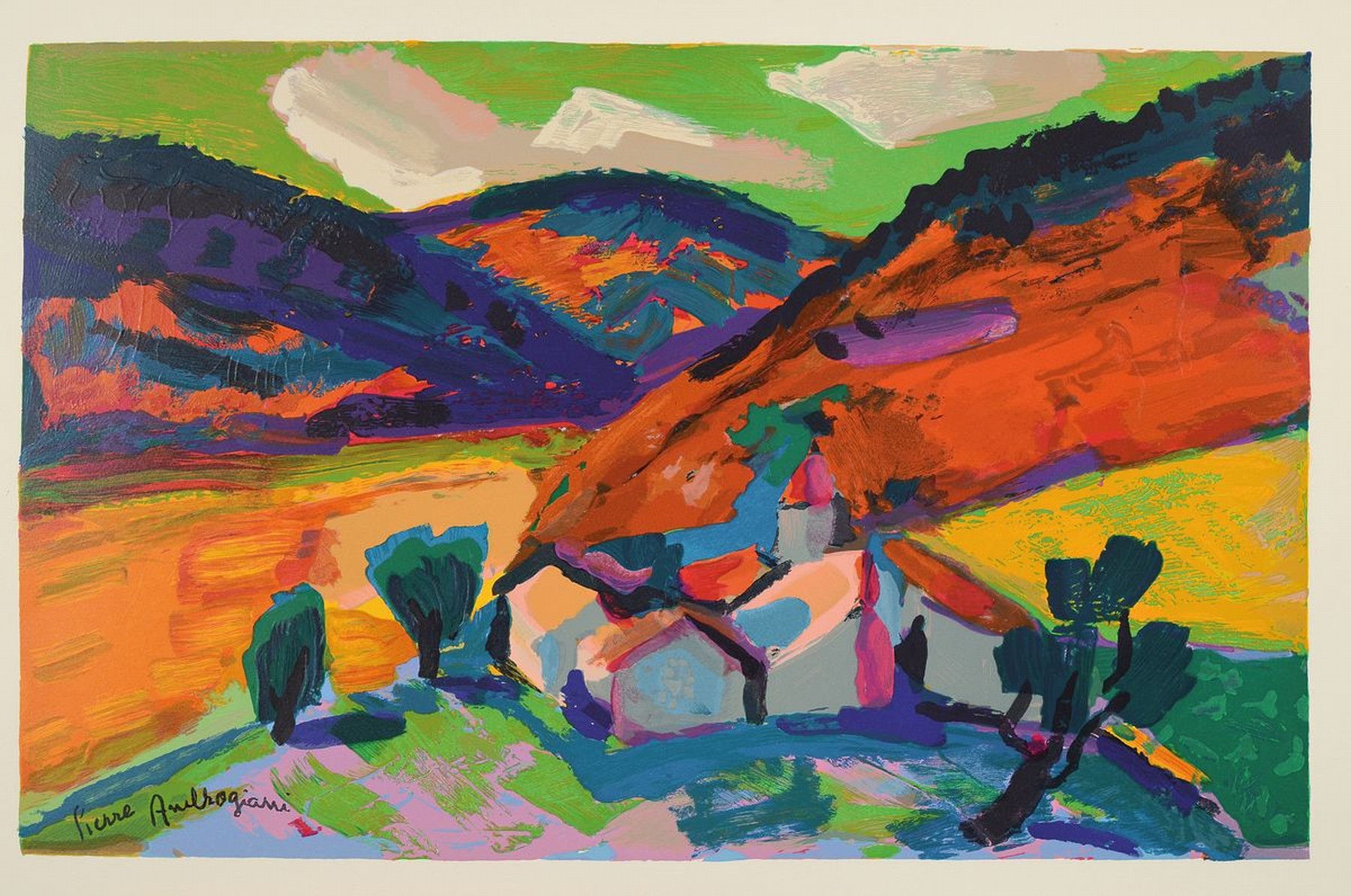 Detail k: Pierre Ambrogiani, 1907-1985, Titel: -Vue provencale-, Farbholzstich/Bütten , Drucker/Verlag: Raymond Jaquet, Paris, ca.40x60 cm