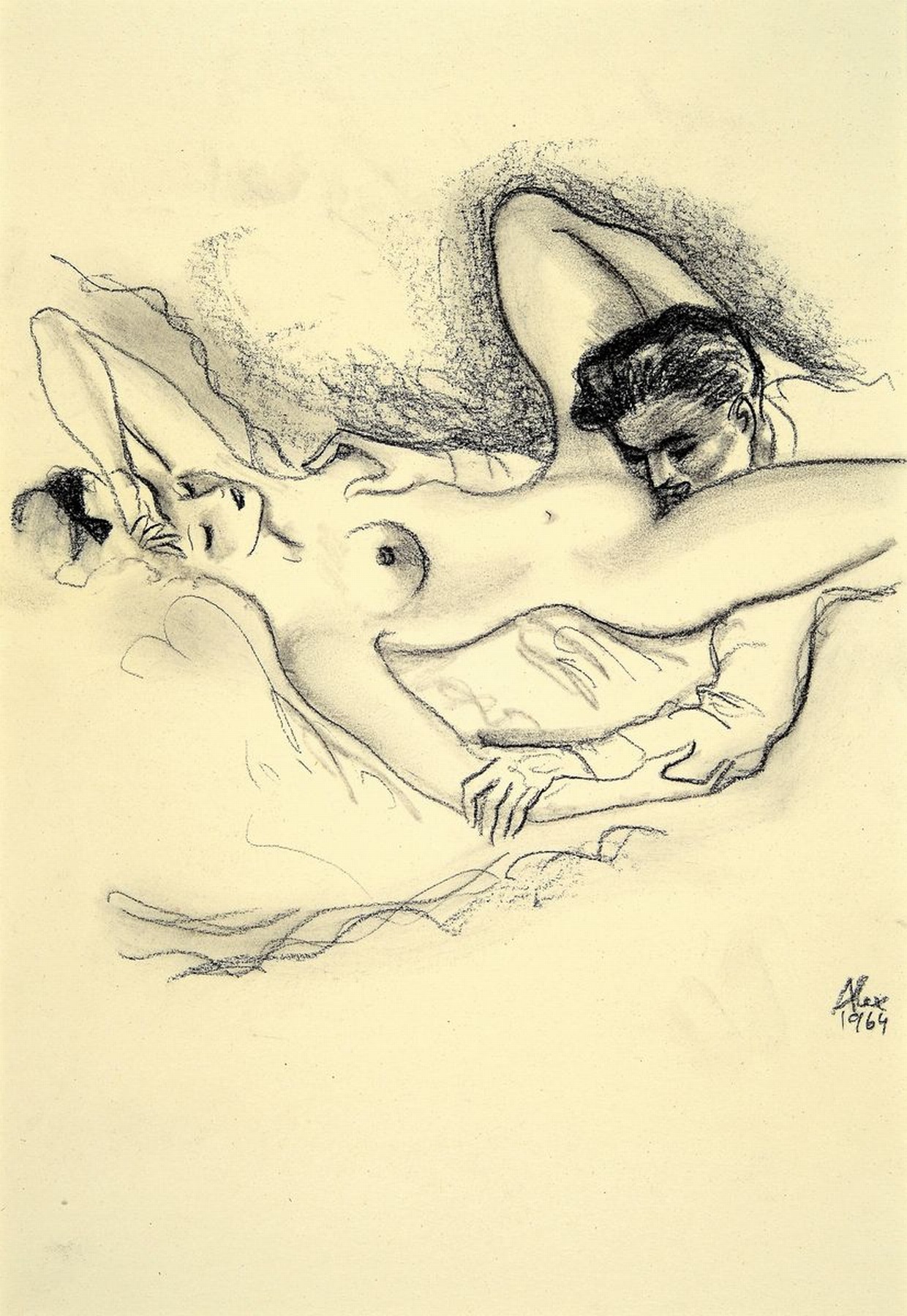 Alexander Szekely, 1901-1968, "La dolce Vita ", Kreidezeichnung, handsign., dat. 1964, PP, Motiv ca. 30x20 cm, gesamt ca. 49,5x39,5 cm