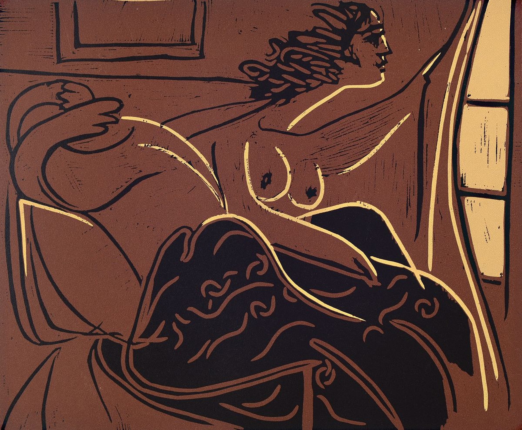 Pablo Picasso, 1881-1973, "Woman looking out a window", Farblinolschnitt, PP, Motiv ca. 32x38 cm, gesamt ca. 40x50 cm
