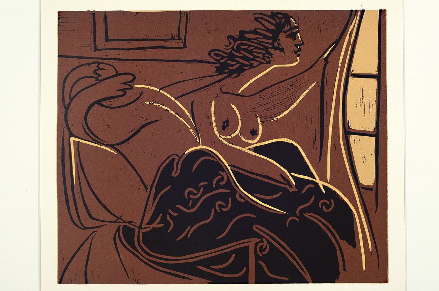 Detail k: Pablo Picasso, 1881-1973, "Woman looking out a window", Farblinolschnitt, PP, Motiv ca. 32x38 cm, gesamt ca. 40x50 cm