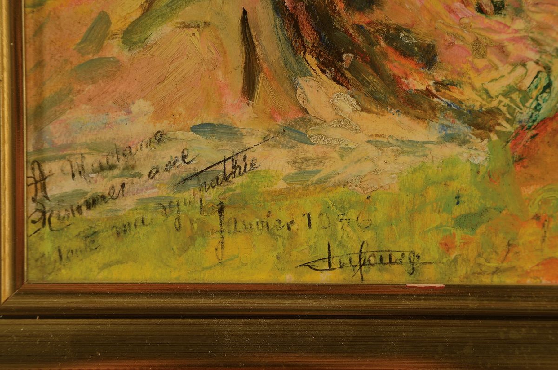 Detail a: Französischer Künstler des 20. Jh., Rastender unter Bäumen, Öl/Malkarton, links unten mit handschriftlicher Widmung von 1956, signiert Dufourg ...