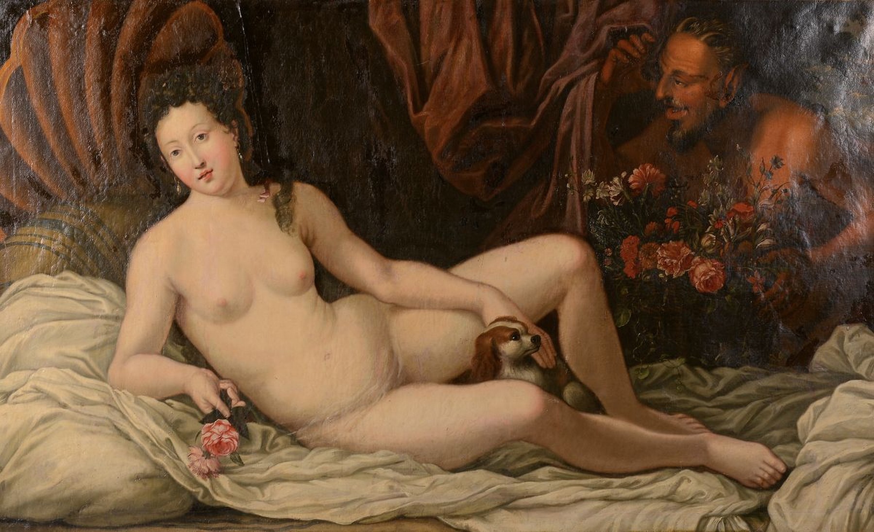 Niederländischer Künstler des späten 18. u. frühen 19. Jh., Die Verführung, liegender weiblicher Akt mit Hündchen und Blumen, re. hinten ein ...