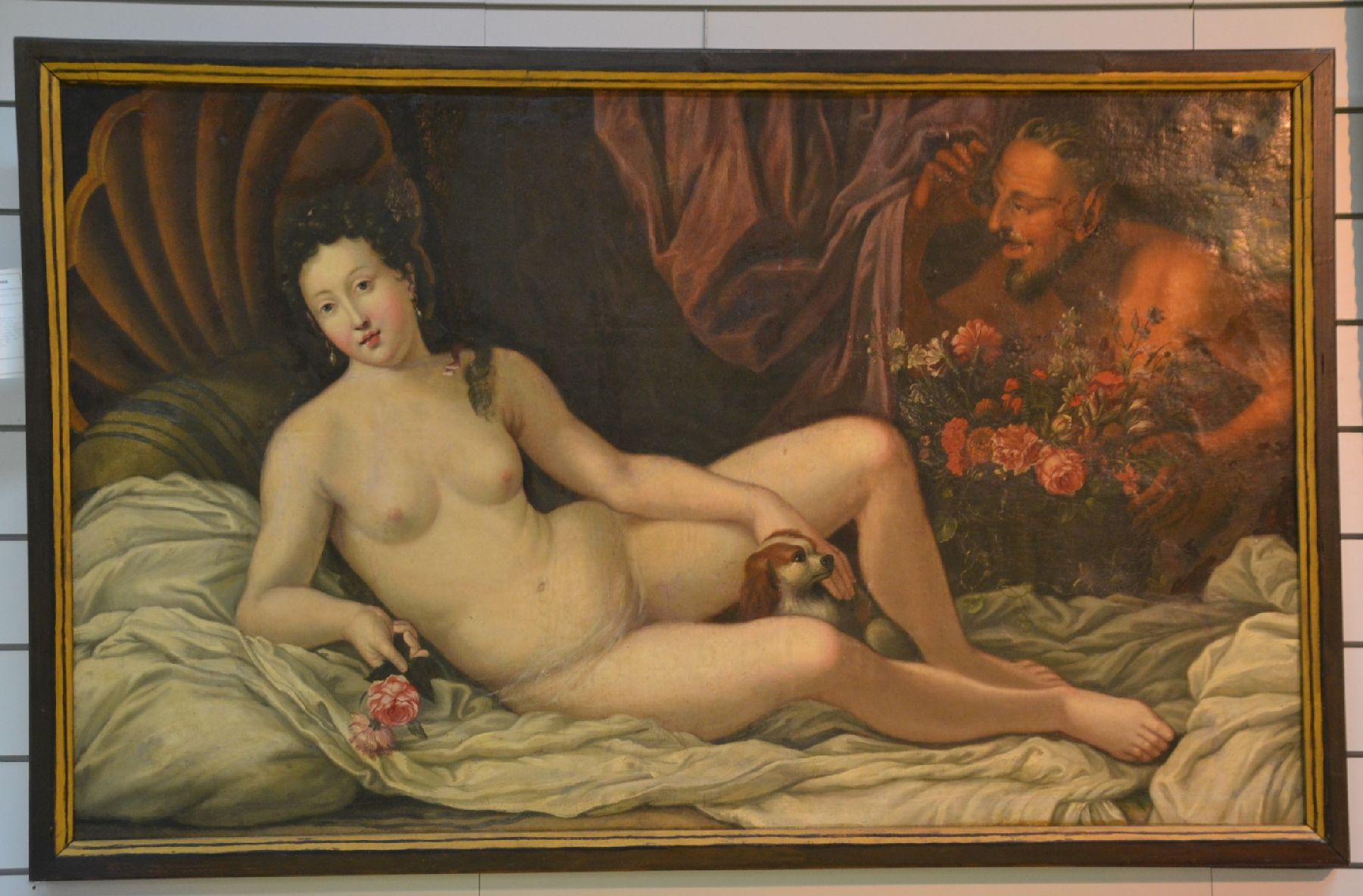 Detail b: Niederländischer Künstler des späten 18. u. frühen 19. Jh., Die Verführung, liegender weiblicher Akt mit Hündchen und Blumen, re. hinten ein ...