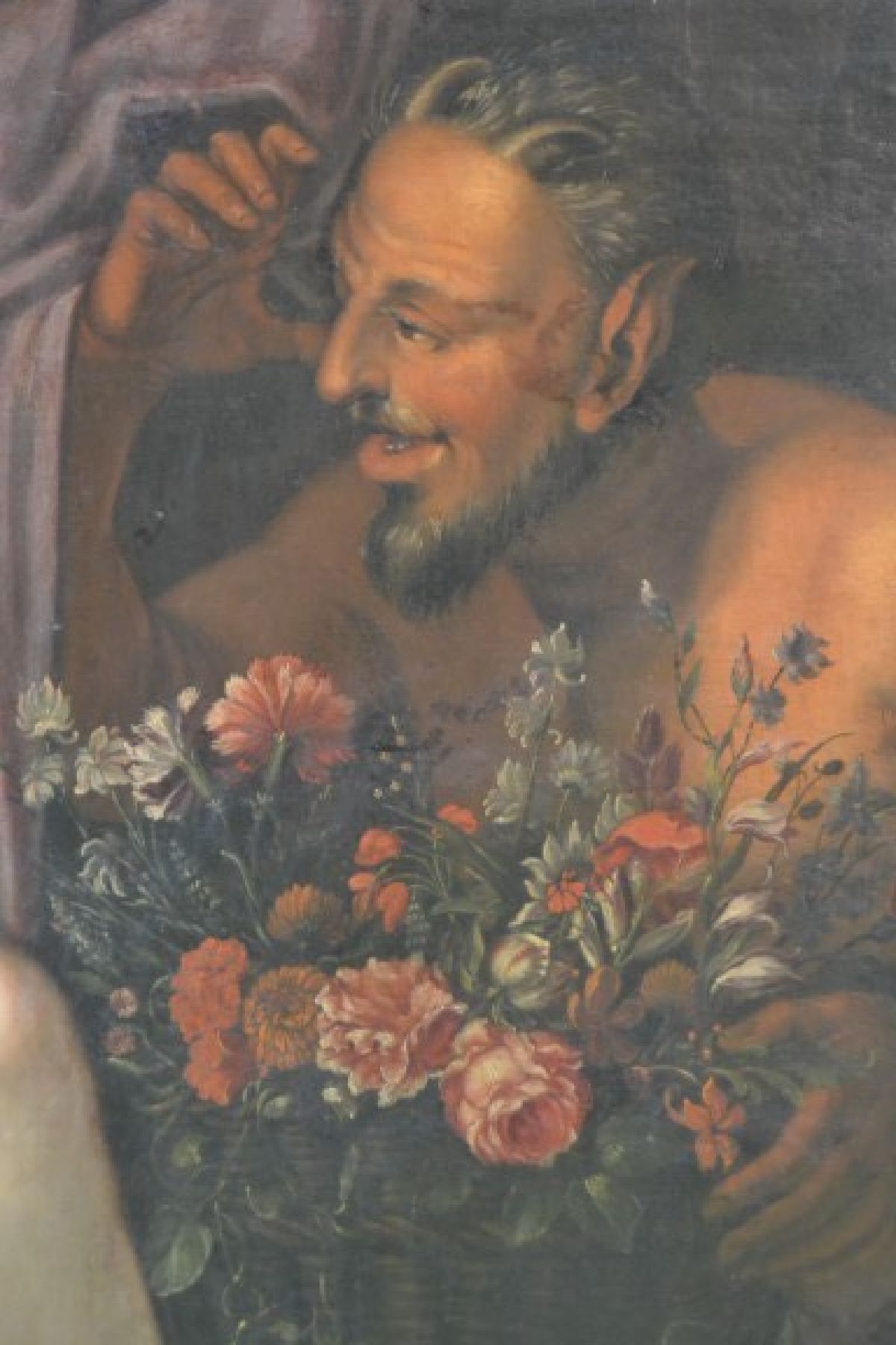 Detail d: Niederländischer Künstler des späten 18. u. frühen 19. Jh., Die Verführung, liegender weiblicher Akt mit Hündchen und Blumen, re. hinten ein ...