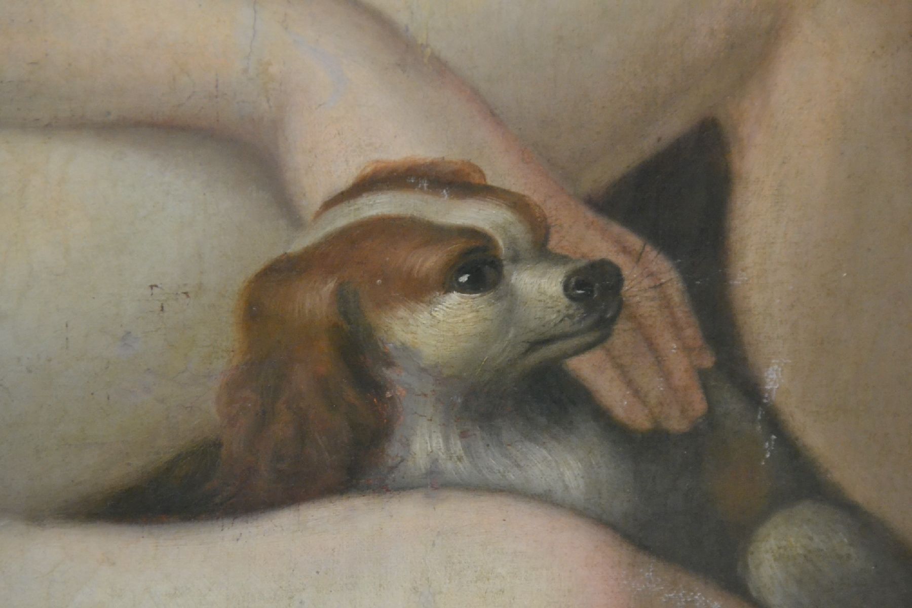 Detail f: Niederländischer Künstler des späten 18. u. frühen 19. Jh., Die Verführung, liegender weiblicher Akt mit Hündchen und Blumen, re. hinten ein ...