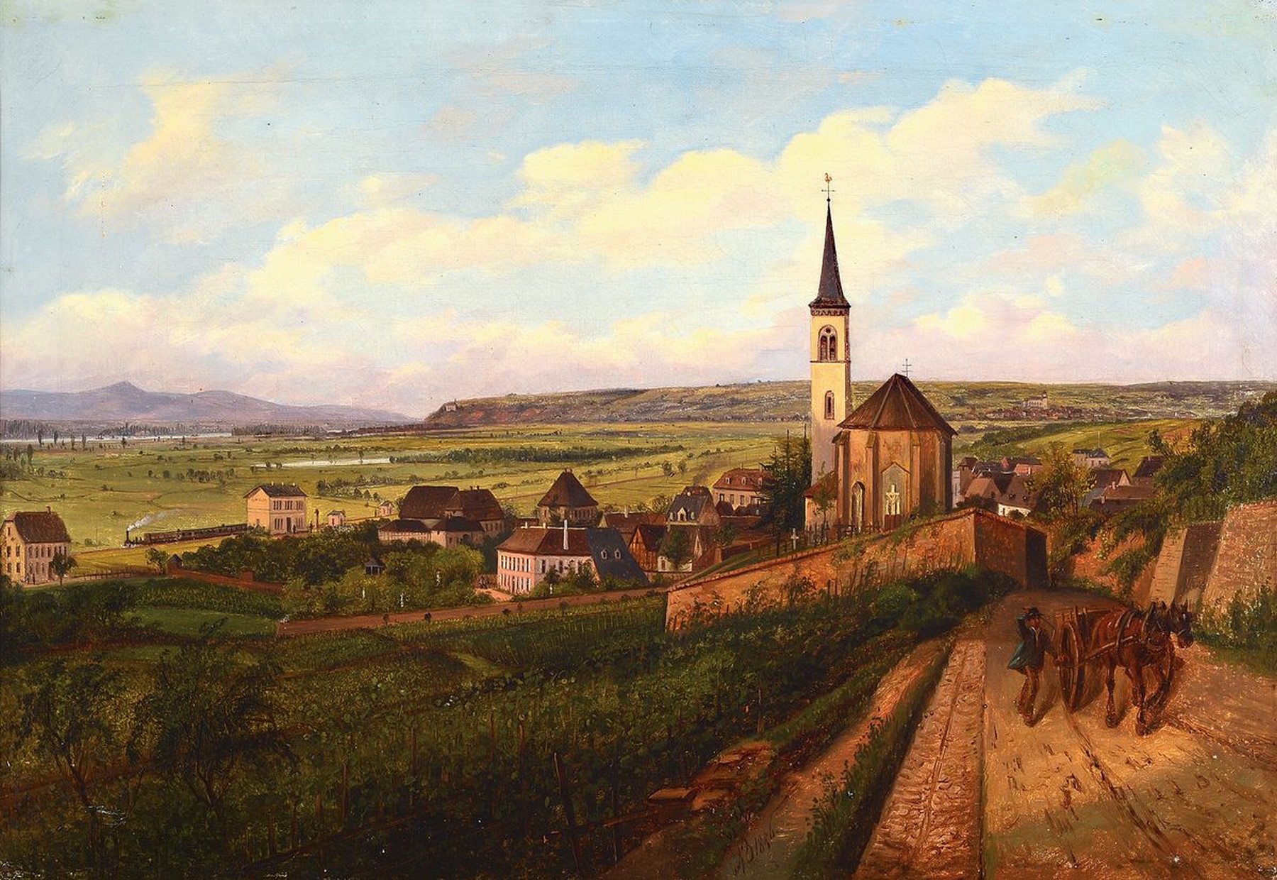 Monogrammist A.B., datiert 1856, Blick auf Laubenheim bei Mainz, im Hintergrund Bodenheim und Nackenheim, Öl/Lwd, mittig unten monogr. und dat., ca. ...