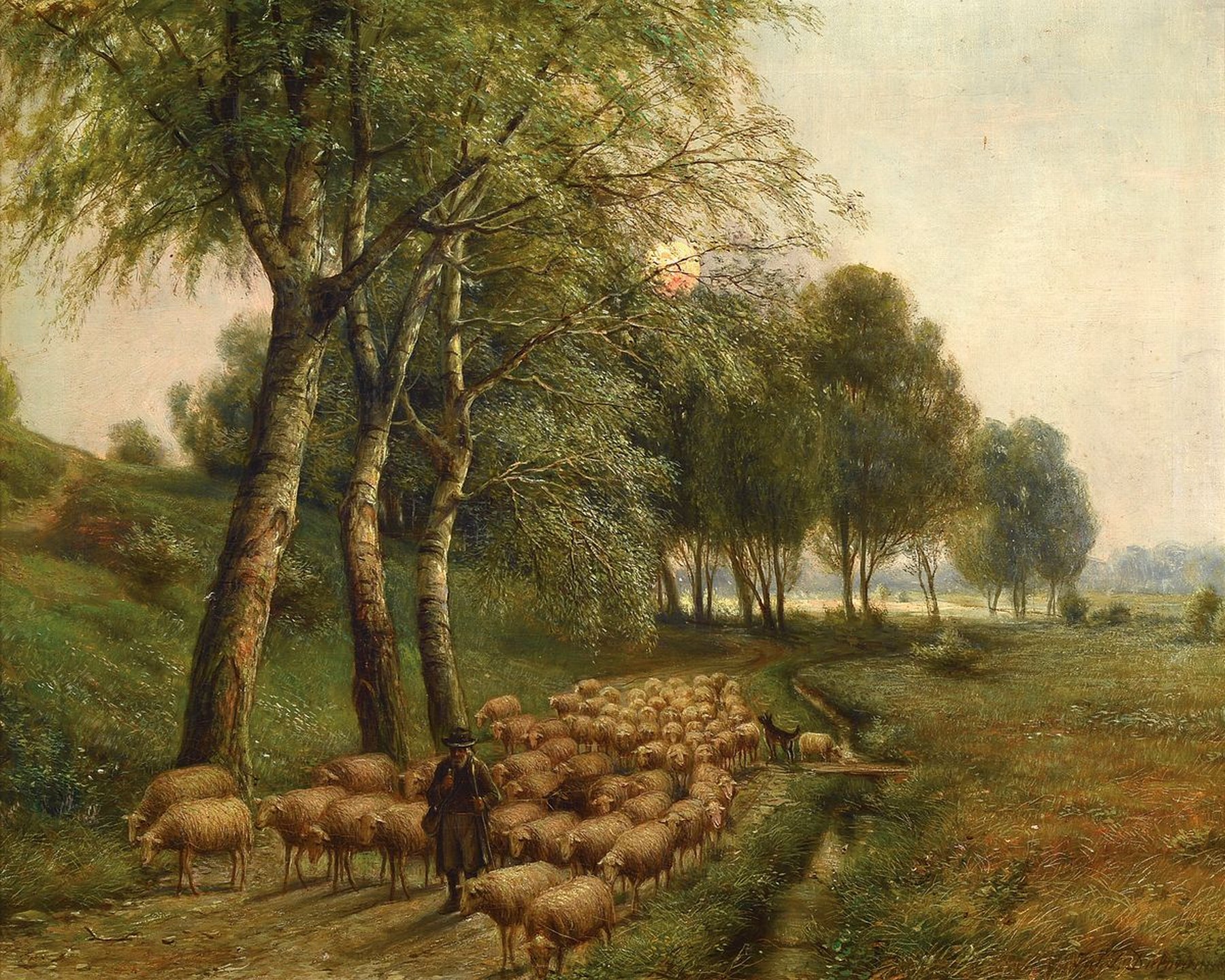 Julius Dielmann, 1862 - 1931 Frankfurt/Main,Schäfer mit seiner Herde an Baum bestandenem Wiesenrand, Öl/Lwd, rechts unten signiert, ca.50x62cm, R. ...