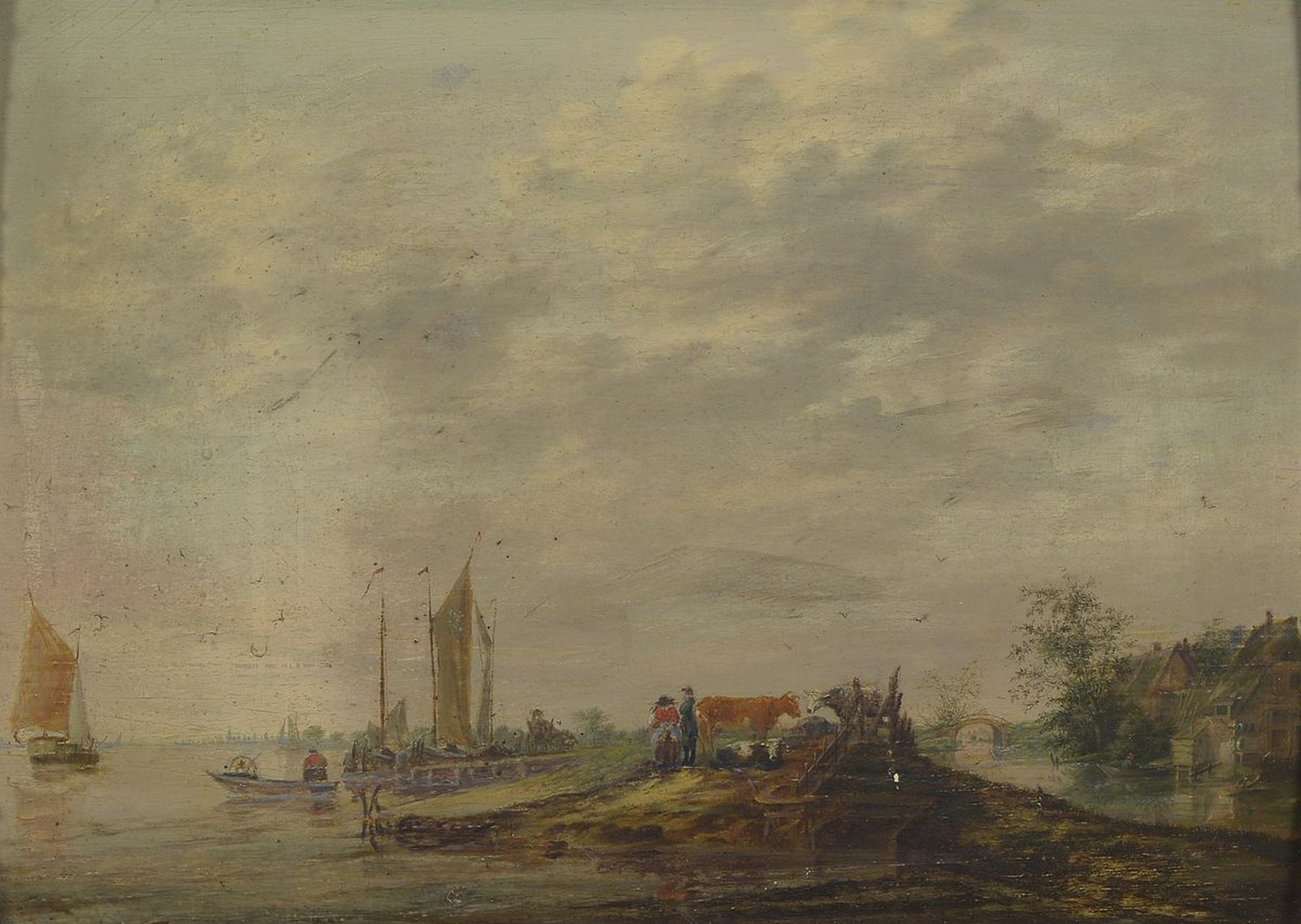 Unbekannter Niederländer des 18.Jh., Öl/Holz, Ansicht eines Hafens, Repoussoir, rest., ca.23x32/32x40 cm