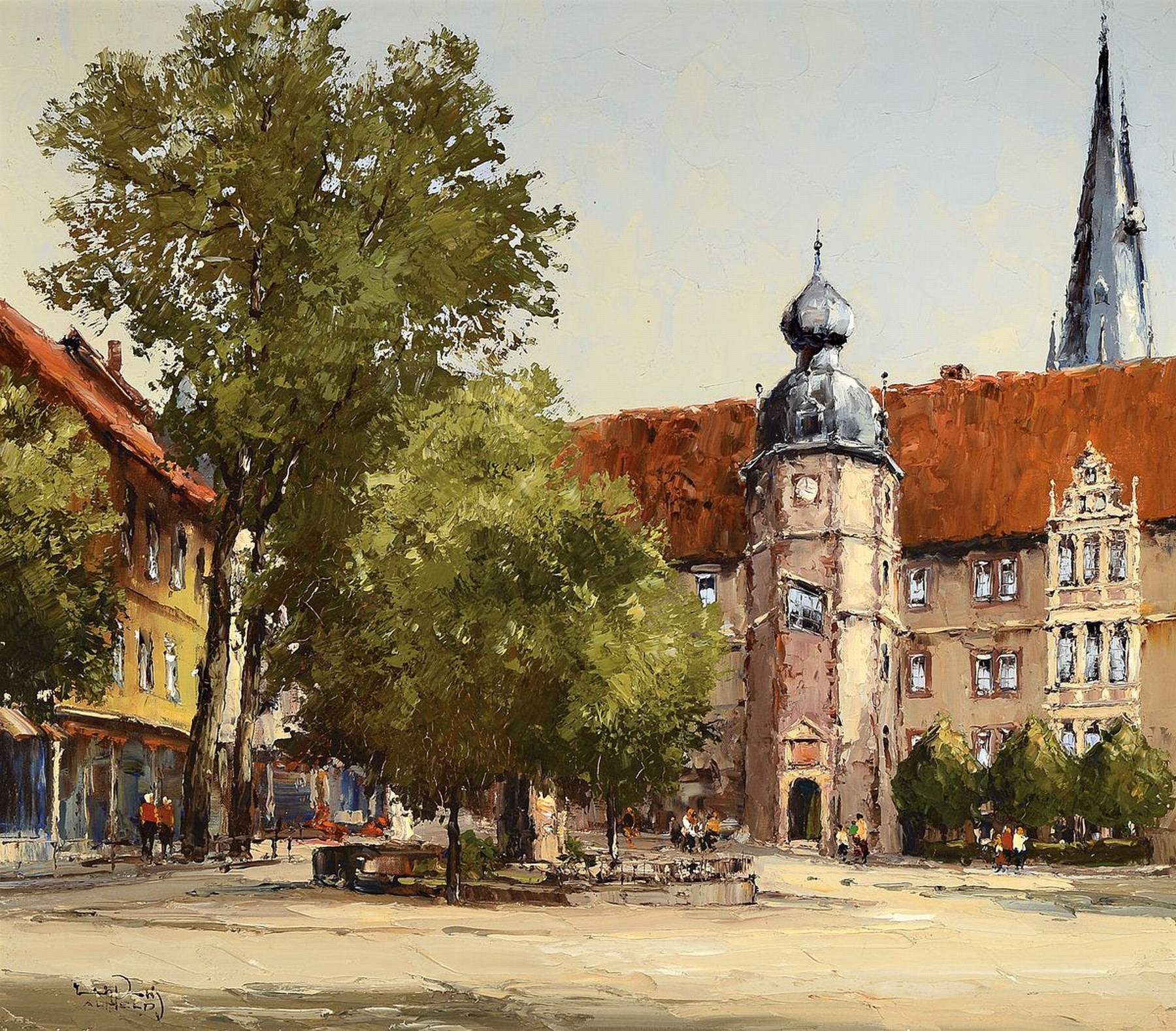 Erich Palis, Künstler des 20.Jh., Öl/Lwd, Rathaus und Marktplatz des niedersächsischen Alfeld, pastoser Farbauftrag erzeugt flirrende Wirkung, ...
