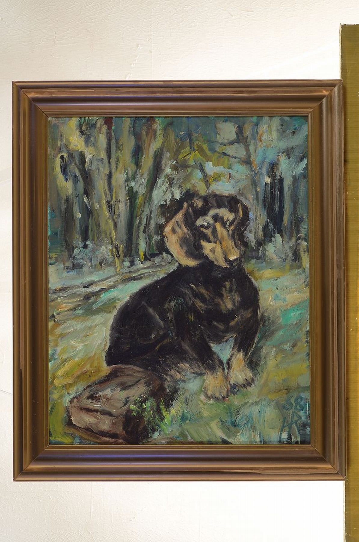 Detail k: Heinz Reiss, 1923-2012 Haßloch, Sitzender Dackel im Garten, Öl/Lwd, rechts unten monogr. und dat. 68, ca. 50x40cm, R. ca. 59x49cm 0