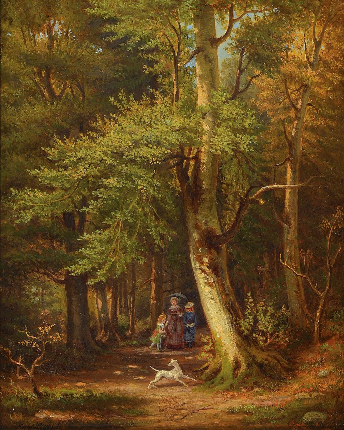 Ferdinand Liebsch, 1816 Hannover-1905 ebenda, Mutter mit zwei Kindern und einem Hund beim Waldspaziergang, Öl/Lwd, links unten signiert und dat. ...