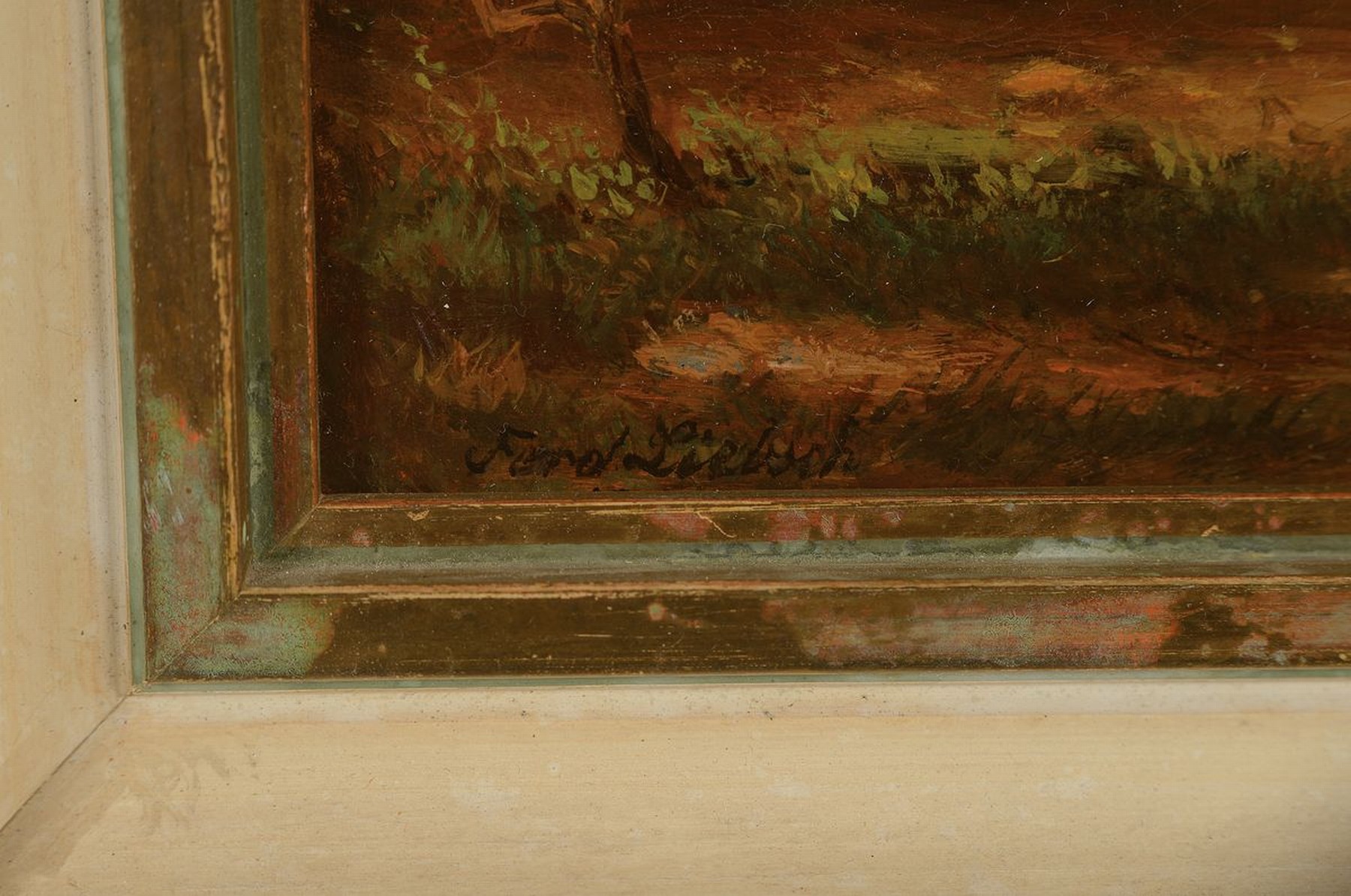 Detail a: Ferdinand Liebsch, 1816 Hannover-1905 ebenda, Mutter mit zwei Kindern und einem Hund beim Waldspaziergang, Öl/Lwd, links unten signiert und dat. ...