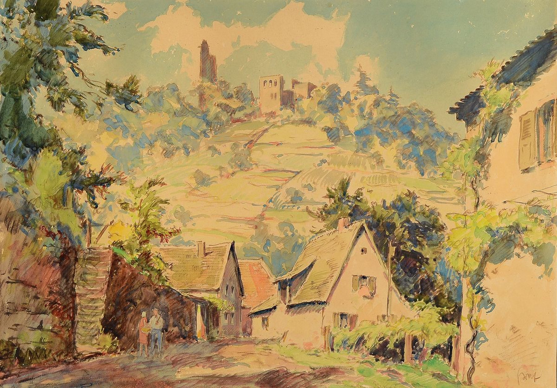 Karl Graf, 1902-1986 Speyer, Blick auf die Limburg, Aquarell, rechts unten signiert, ca. 38x54cm, PP, u.Gl., R. ca. 53x68cm
