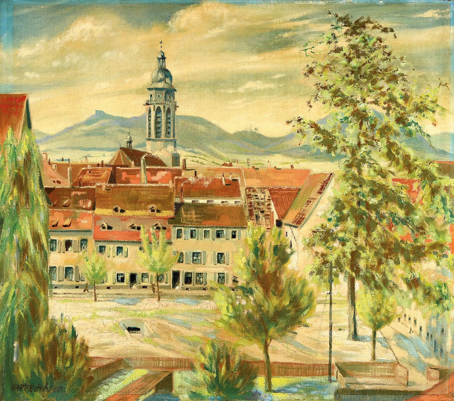 Karl Josef Kappelhöfer, geb. 1871 Frankenthal, Blick auf Landau in der Pfalz, im Hintergrund die Stiftskirche, vorne der Weißquartierplatz, ...