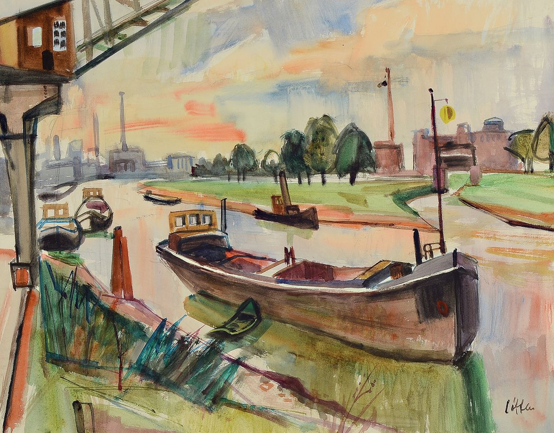 Paul Löffler, 1938-1995 Mannheim, Lastkähne unterm Kran, Aquarell auf Papier, rechts unten signiert, ca. 46x60cm, PP, u.Gl., R. ca. 67x77cm