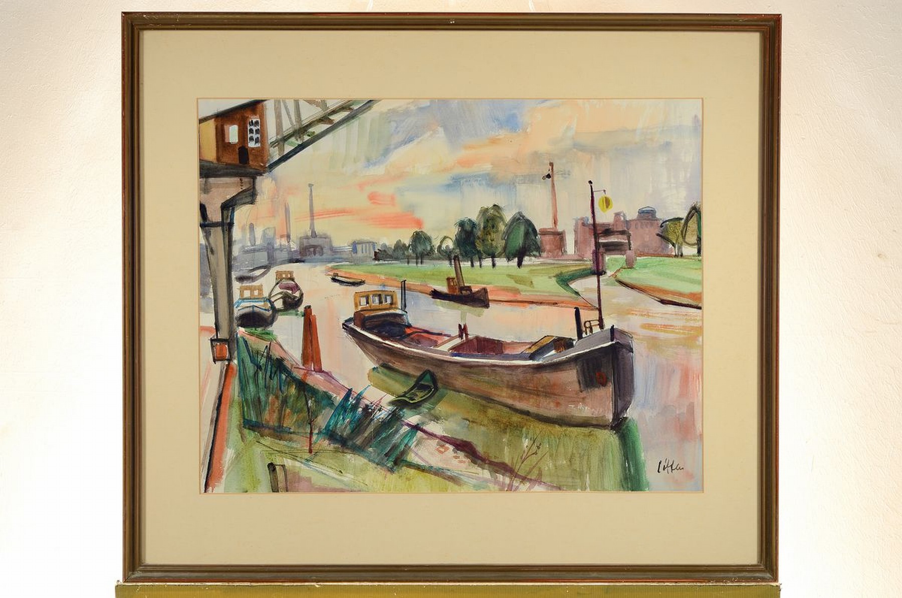 Detail k: Paul Löffler, 1938-1995 Mannheim, Lastkähne unterm Kran, Aquarell auf Papier, rechts unten signiert, ca. 46x60cm, PP, u.Gl., R. ca. 67x77cm