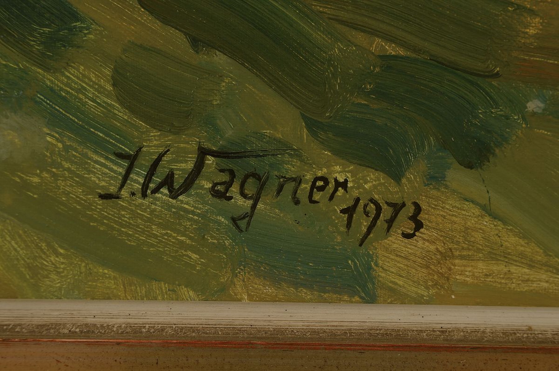 Detail c: Irene Wagner, 1932 Kaiserslautern-2006, Schülerin von Philipp Steinmetz, hier: Brücke über den Fluss, Öl/Lwd, links unten signiert und dat. 1973, ...