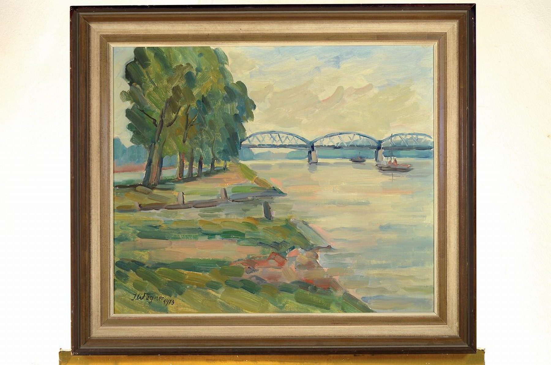 Detail k: Irene Wagner, 1932 Kaiserslautern-2006, Schülerin von Philipp Steinmetz, hier: Brücke über den Fluss, Öl/Lwd, links unten signiert und dat. 1973, ...