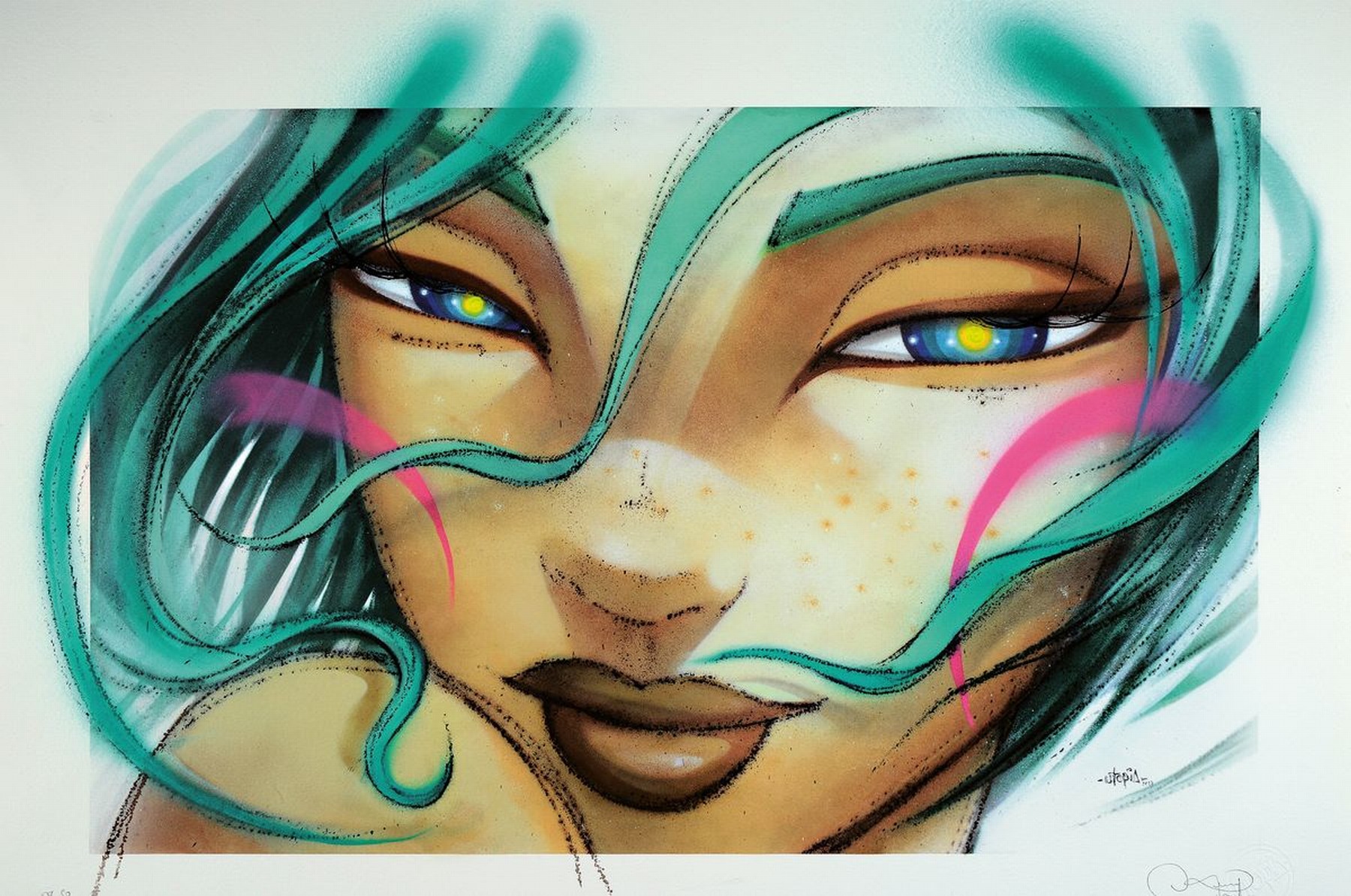 Utopia, Konvolut aus 2 Werken, "I miss you", "Seductive Look, Acryl/Papier, Giclee, Mixed Media, je sign., verso betitelt,je ca. 56x78 ...