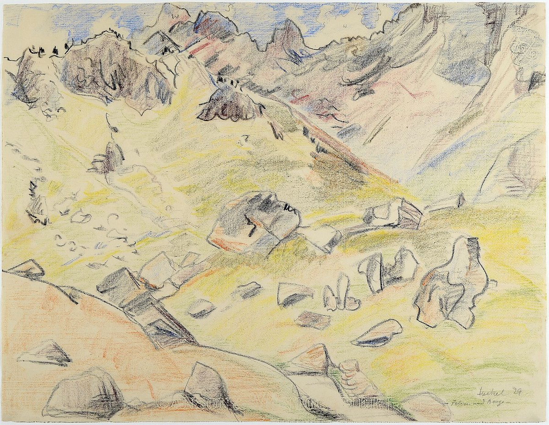 Erich Heckel,1883-1970, Felsen und Berge, Farbkreide auf Papier, rechts unten signiert, datiert 29 und betitelt , ca. 48.5x62.5cm, unter Glas, R.ca. ...