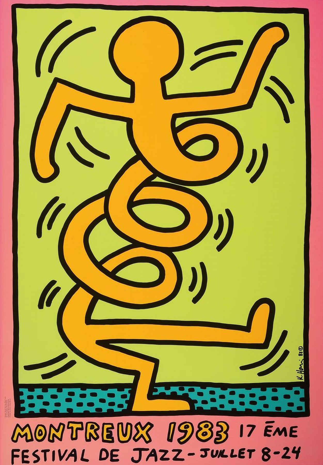 Keith Haring, 1958-1990, Jazz Festival 1983, Farboffset, seitlich recht handsign., dat. 83, unter Glas gerahmt, gesamt ca. 107x76cm, Rahmen mit ...