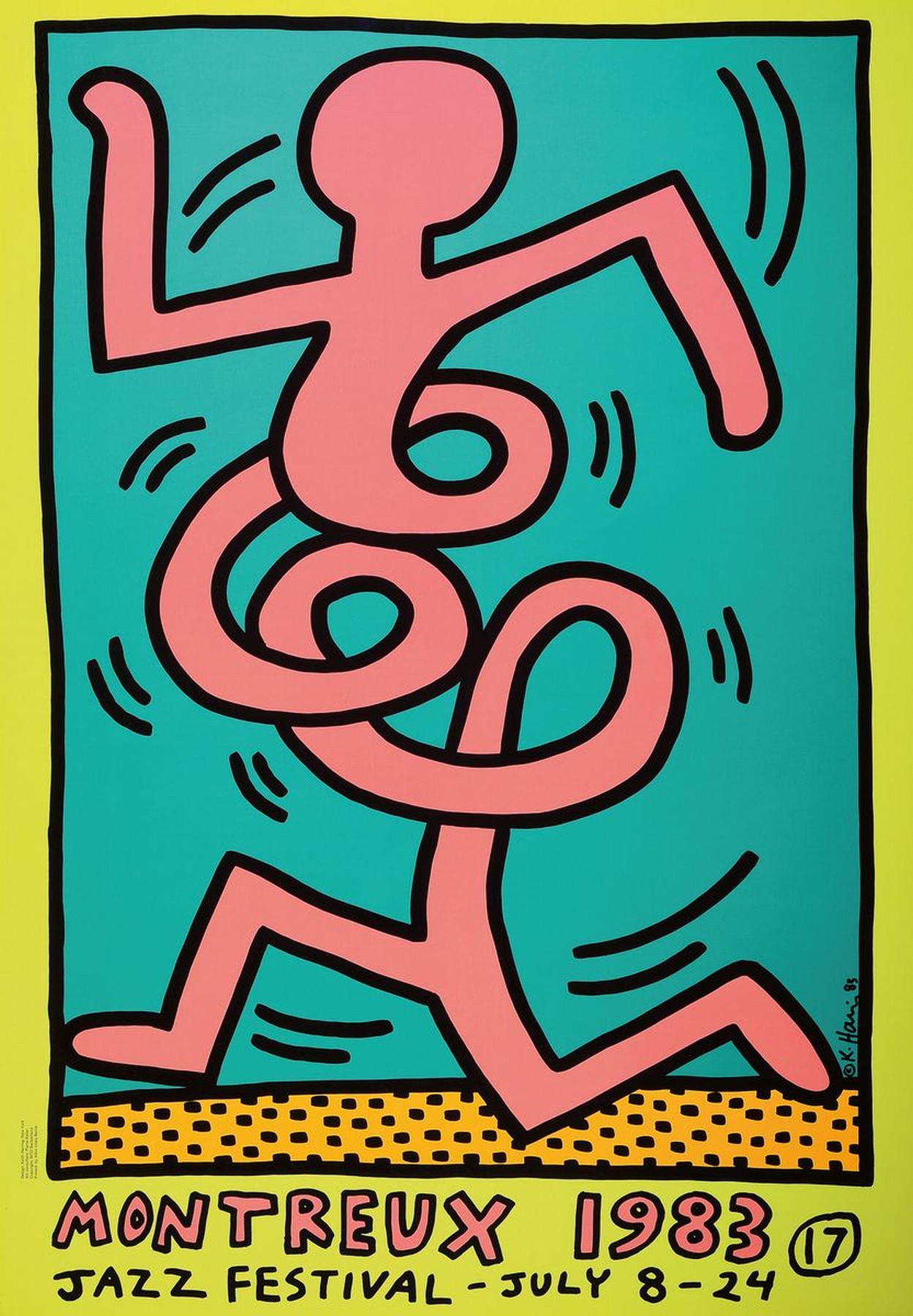 Keith Haring, 1958-1990, Jazz Festival 1983, Farboffset, seitlich recht handsign., dat. 83, unter Glas gerahmt, gesamt ca. 107x76cm, R. mit gebrsp.
