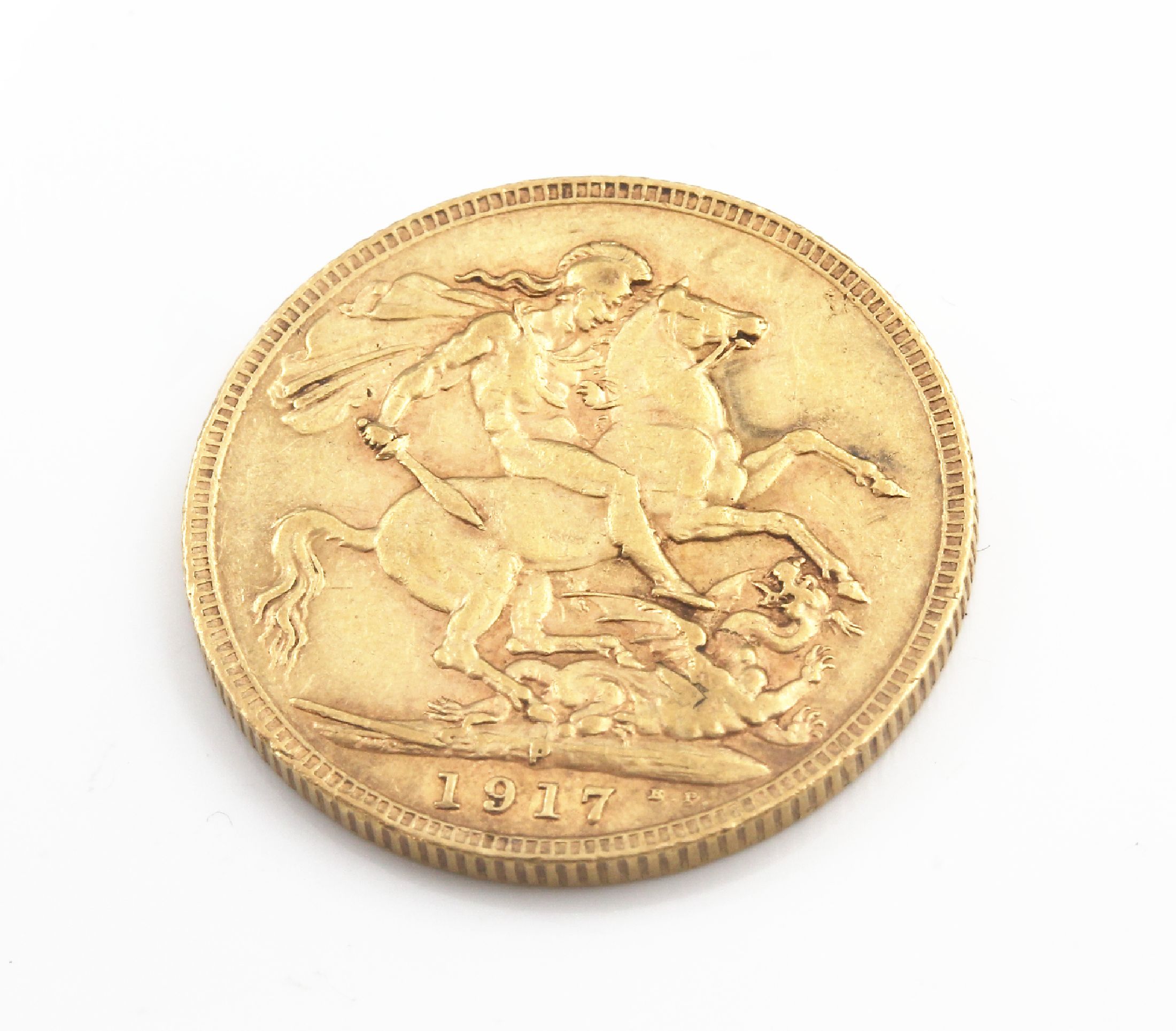 Detail a: Goldmünze, Sovereign, Großbritannien, 1917, George V., RV: Heiliger Georg hoch zu Ross im Kampf mit dem Drachen
