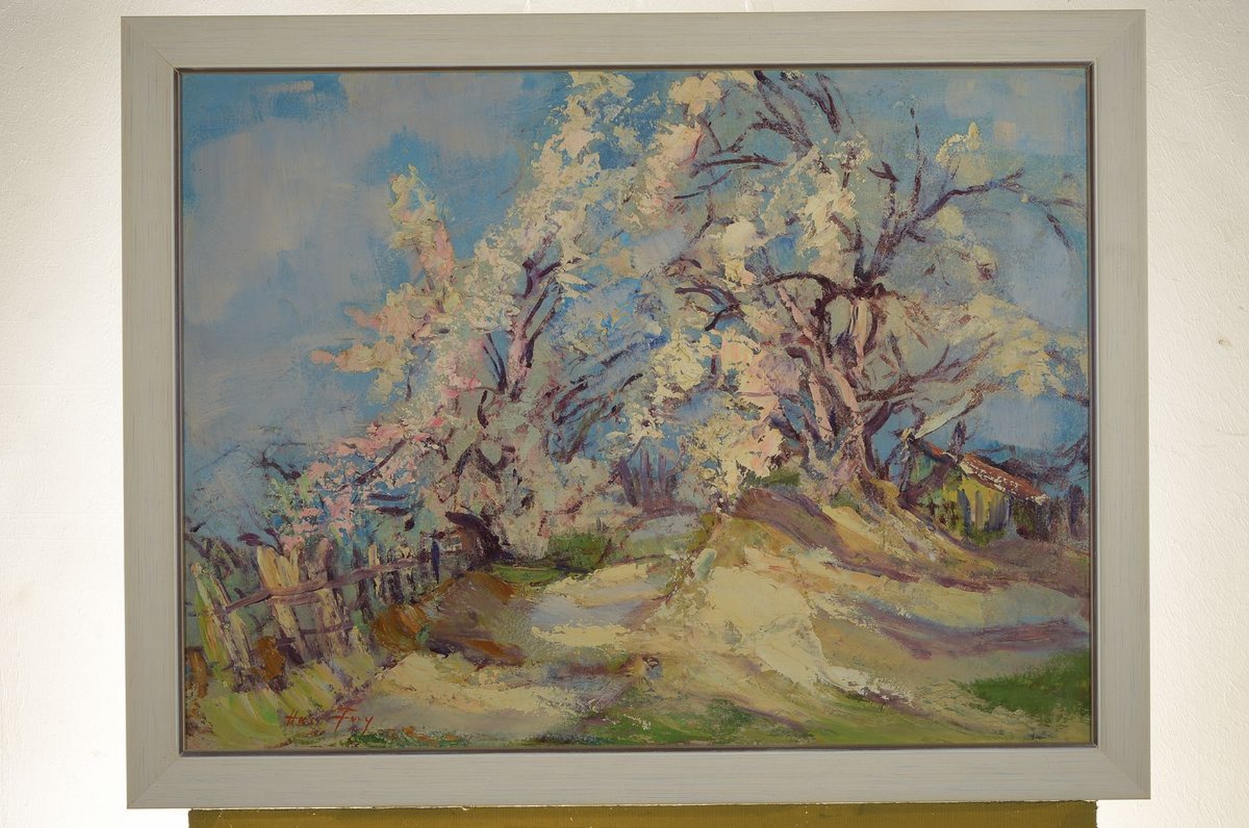 Detail k: Hanns Fay, 1888 Frankenthal - 1957 Neustadt a.d. Weinstraße, Pfälzer Mandelblüte entlangeines Weges in der Pfalz, hervorragende Wiedergabe der ...