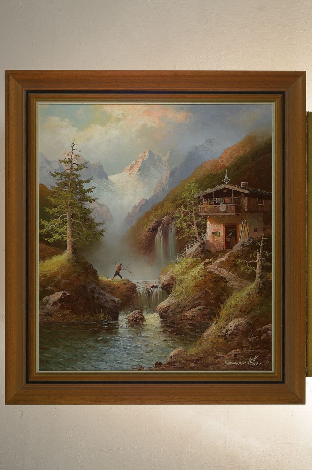 Detail k: Guwe = Gustav Weiss, 1886-1973, Wasserfälle im Piztal mit Angler, Öl/Lwd, rechts unten signiert, rückseitig betitelt und nochmals signiert, ca. ...