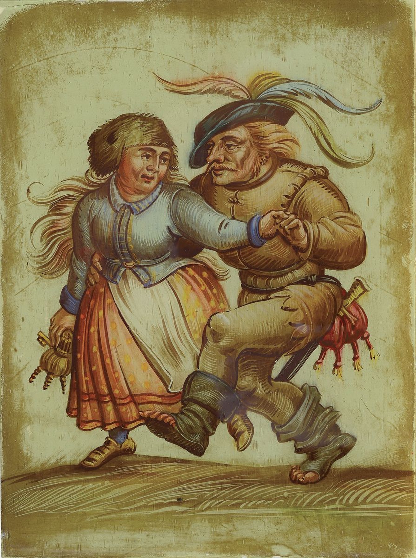 Hinterglasmalerei, süddeutsch, wohl Augsburg, 18. Jh., tanzendes Bauernpaar, ca. 21x15.5cm