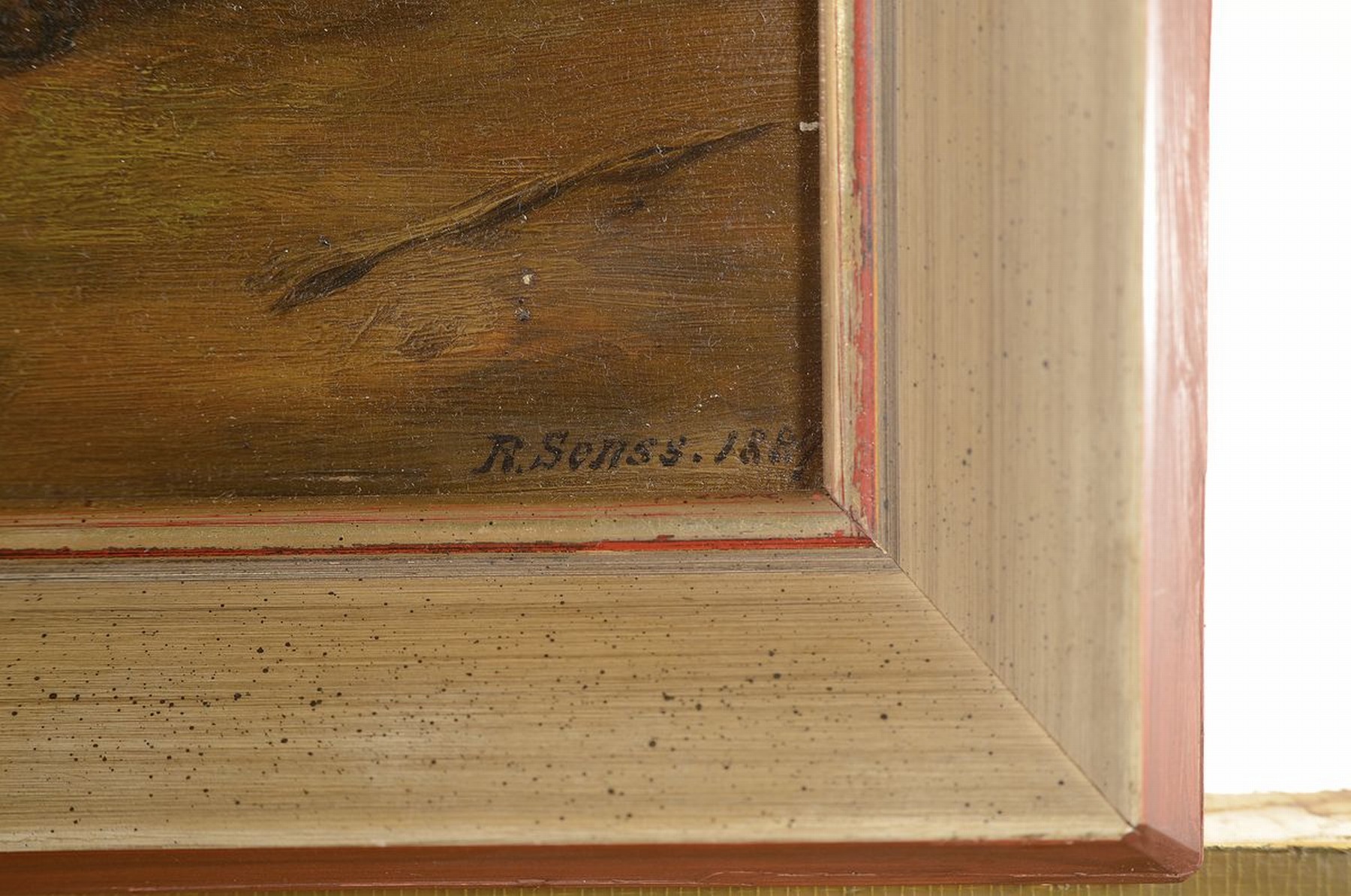 Detail a: R. Senss, datiert 1887, Stier vor dem Stall,Öl/Holz, rechts unten signiert und dat., ca. 20x27cm, R. ca. 26x32cm