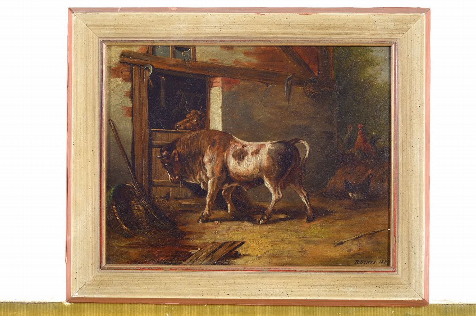 Detail k: R. Senss, datiert 1887, Stier vor dem Stall,Öl/Holz, rechts unten signiert und dat., ca. 20x27cm, R. ca. 26x32cm