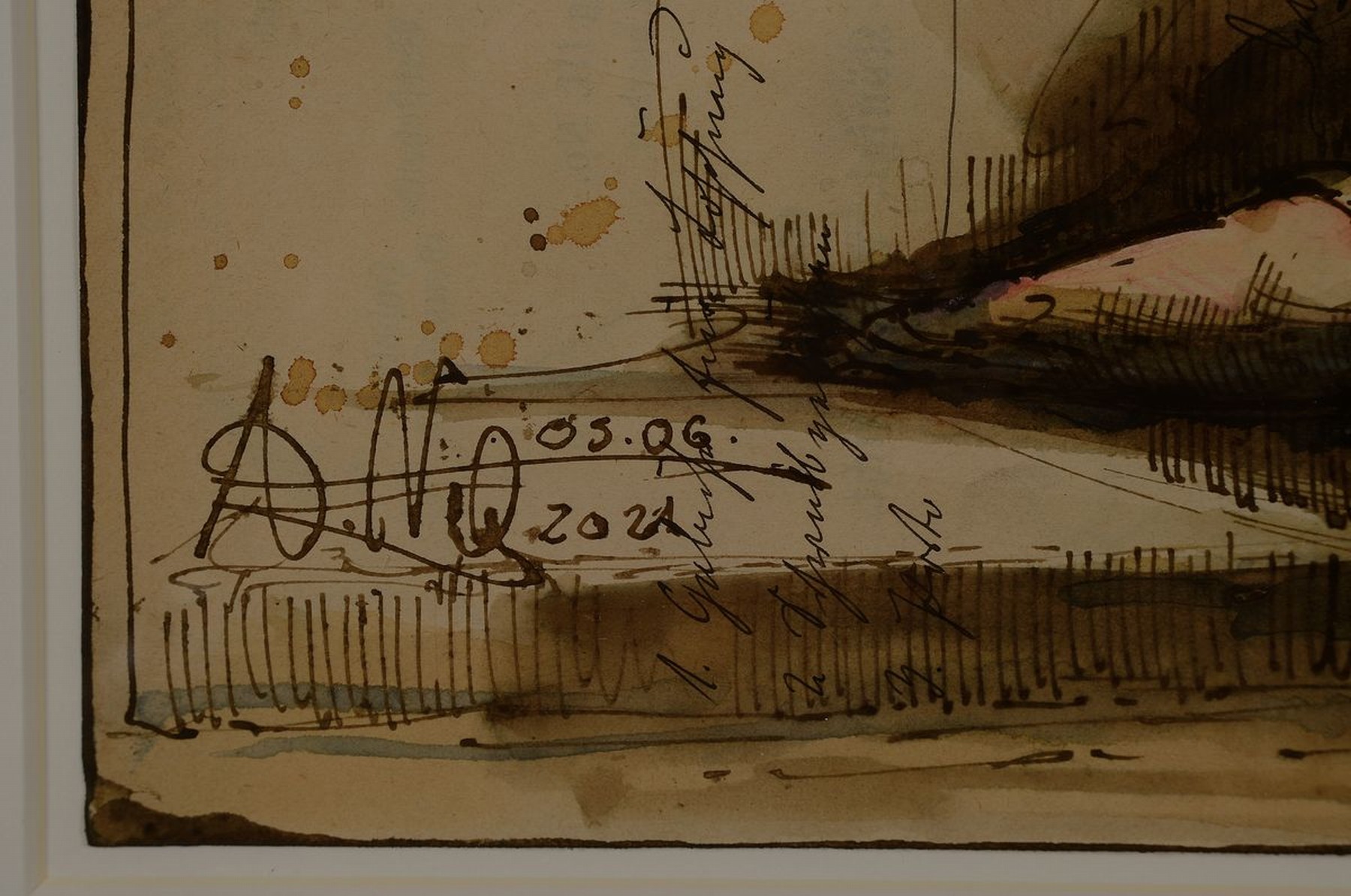 Detail a: Andreas Noßmann, geb. 1962, Aquarell, Federzeichnung und Farbstift auf antikem Papier, handsign., dat., aus 2021, Werksverzeichnis: DVZ: 1491, ...