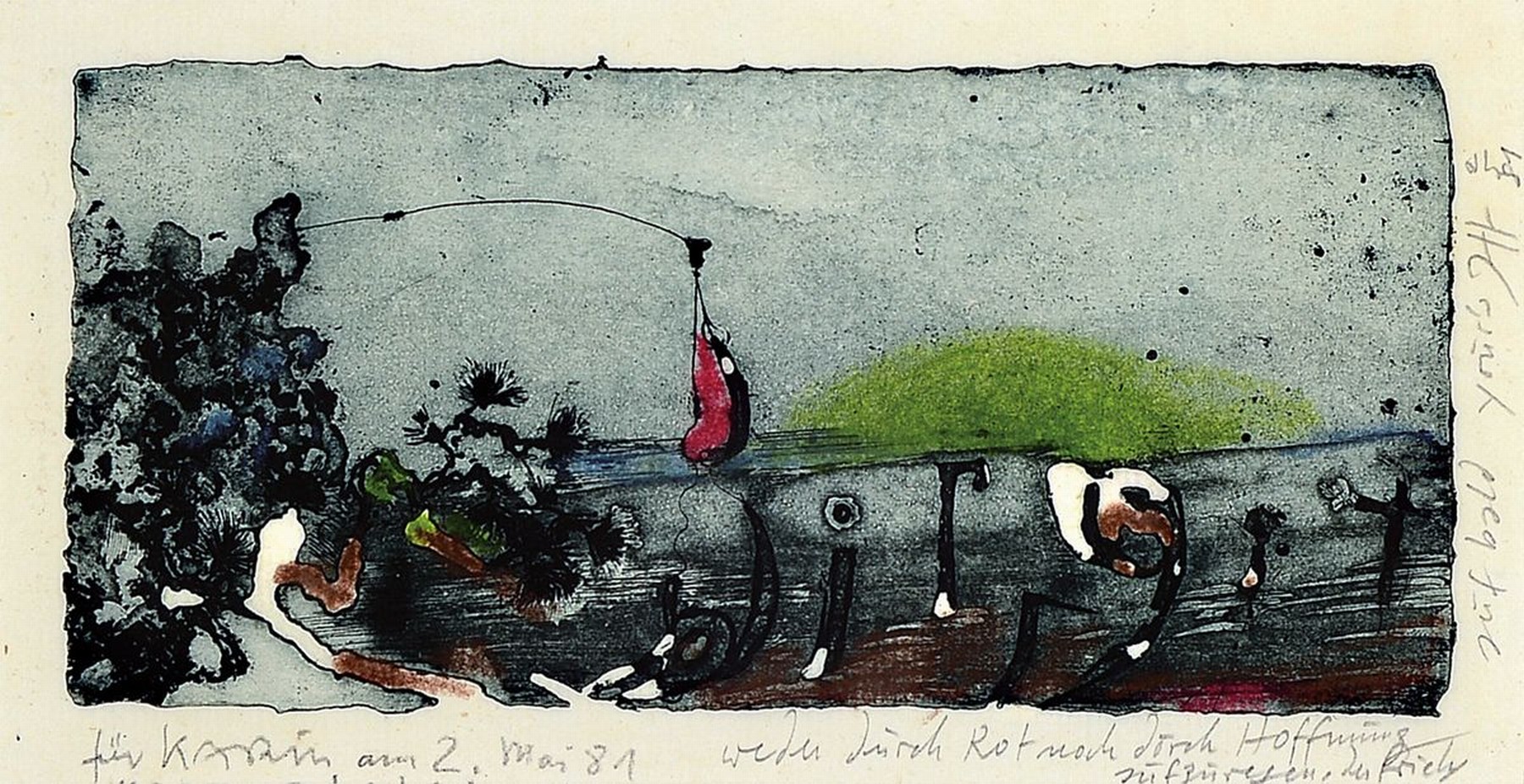 Horst Janssen, 1929-1995, Aquarell über Radierung, rechts seitlich handsign., dat. 2.5.81, zusätzlich gewidmet, unter Glas gerahmt, ca. 32x41 cm