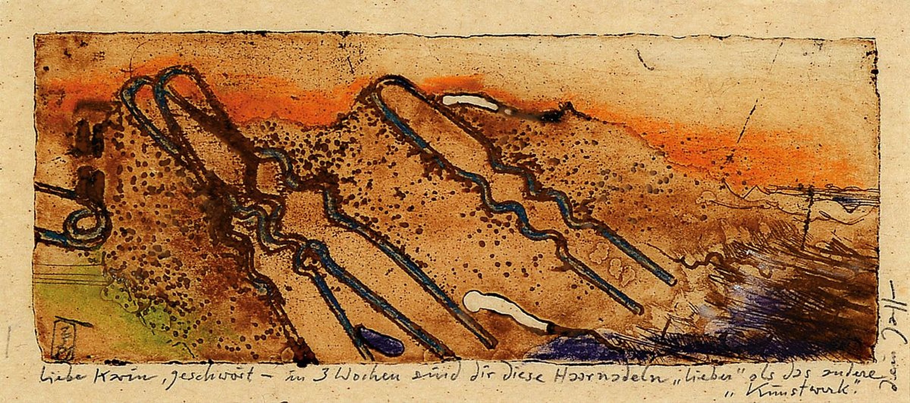 Horst Janssen, 1929-1995, Aquarell über Radierung, rechts seitlich handsign., aus dem Jahre 1981, zusätzlich gewidmet, unter Glas, R. 32x41 cm