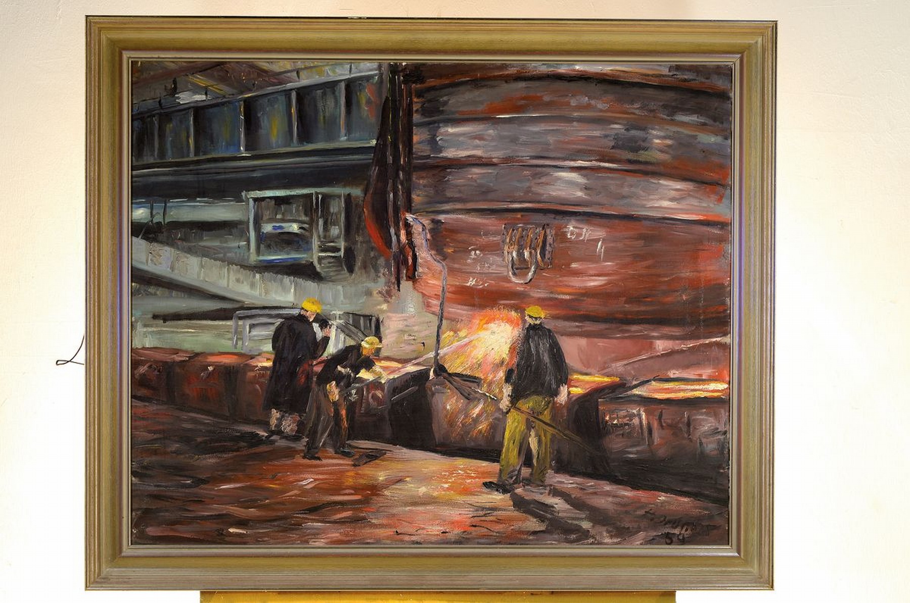 Detail k: H. Druon, ungedeuteter Künstler des 20.Jh., drei Hüttenarbeiter an einem großen Industrieschmelzofen, Wiedergabe des koloristischen Kontrasts ...