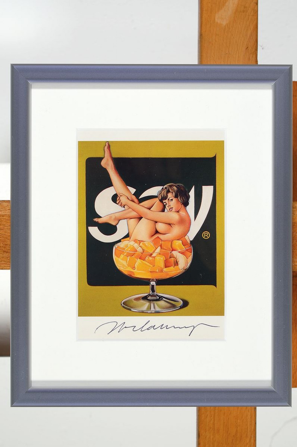 Detail k: Mel Ramos, 1935-2018, "Fruit Salat", 1965, Offsetlithografie, handsign., unter Plexiglas gerahmt, Motiv ca. 16x11,5 cm, R. 24,5x20 cm