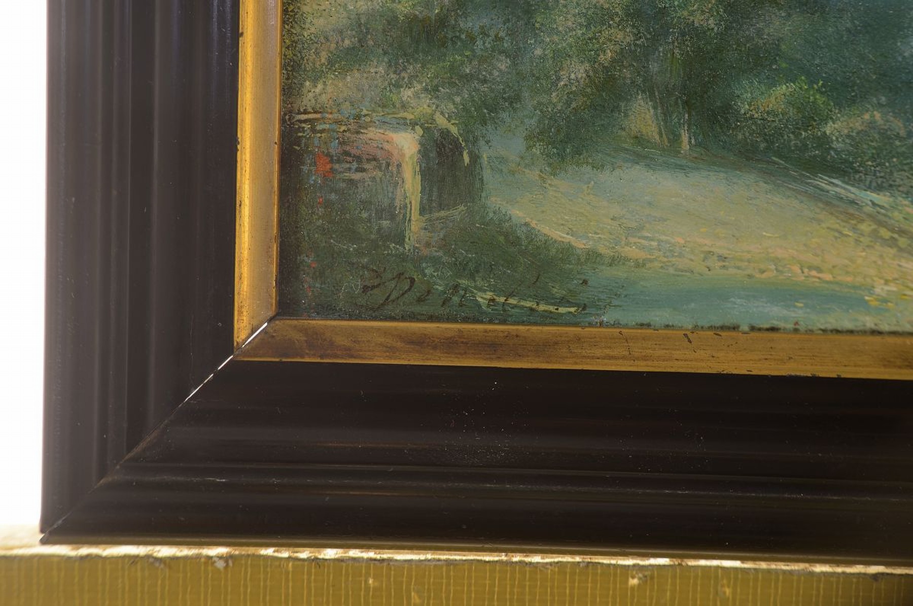Detail a: J. Nebel o.ä., Maler der 2. Hälfte des 19. Jh., Blick auf das Heidelberger Schloß und die darunter liegende Stadt, Öl/Holz, links unten schwer ...