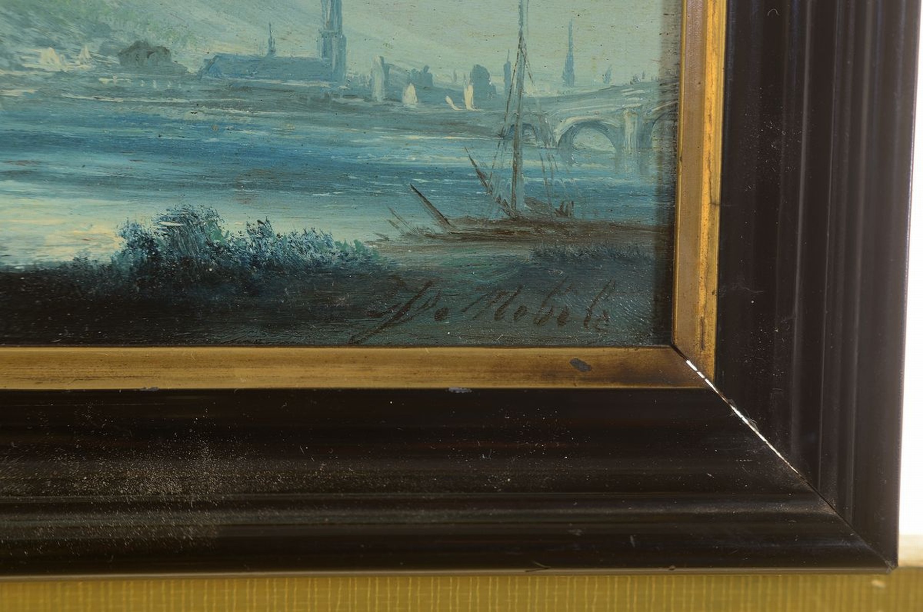 Detail a: J. Nebel o.ä., Maler der 2. Hälfte des 19. Jh., Vollmond über Heidelberg und dem Schloß, Öl/Holz, rechts unten schwer lesbar signiert, ca. ...