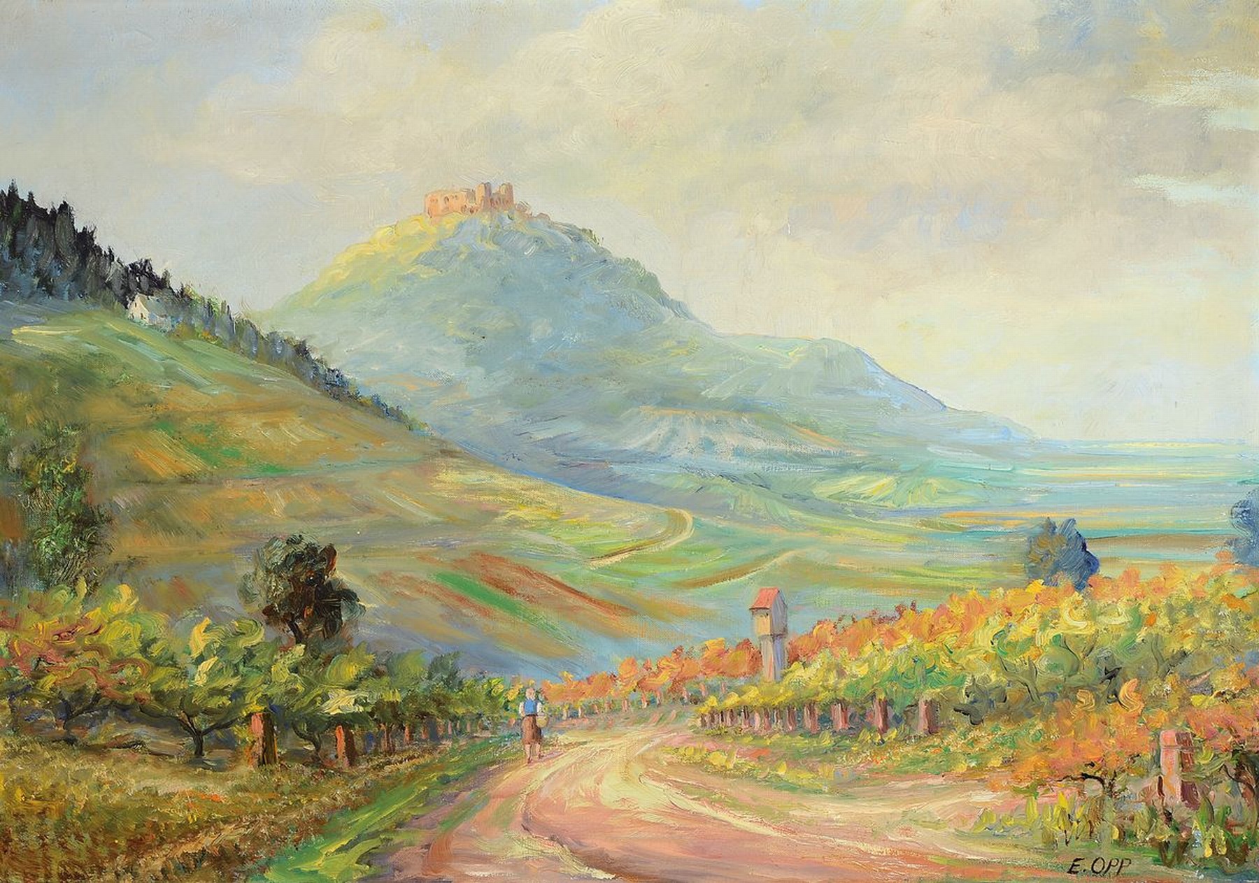 Eduard Opp, Maler aus Landau/Pfalz, Südpfälzer Landschaft mit Burg im Hintergrund, Öl/Lwd, rechts unten signiert, ca. 50x70cm, R. ca. 59x79cm